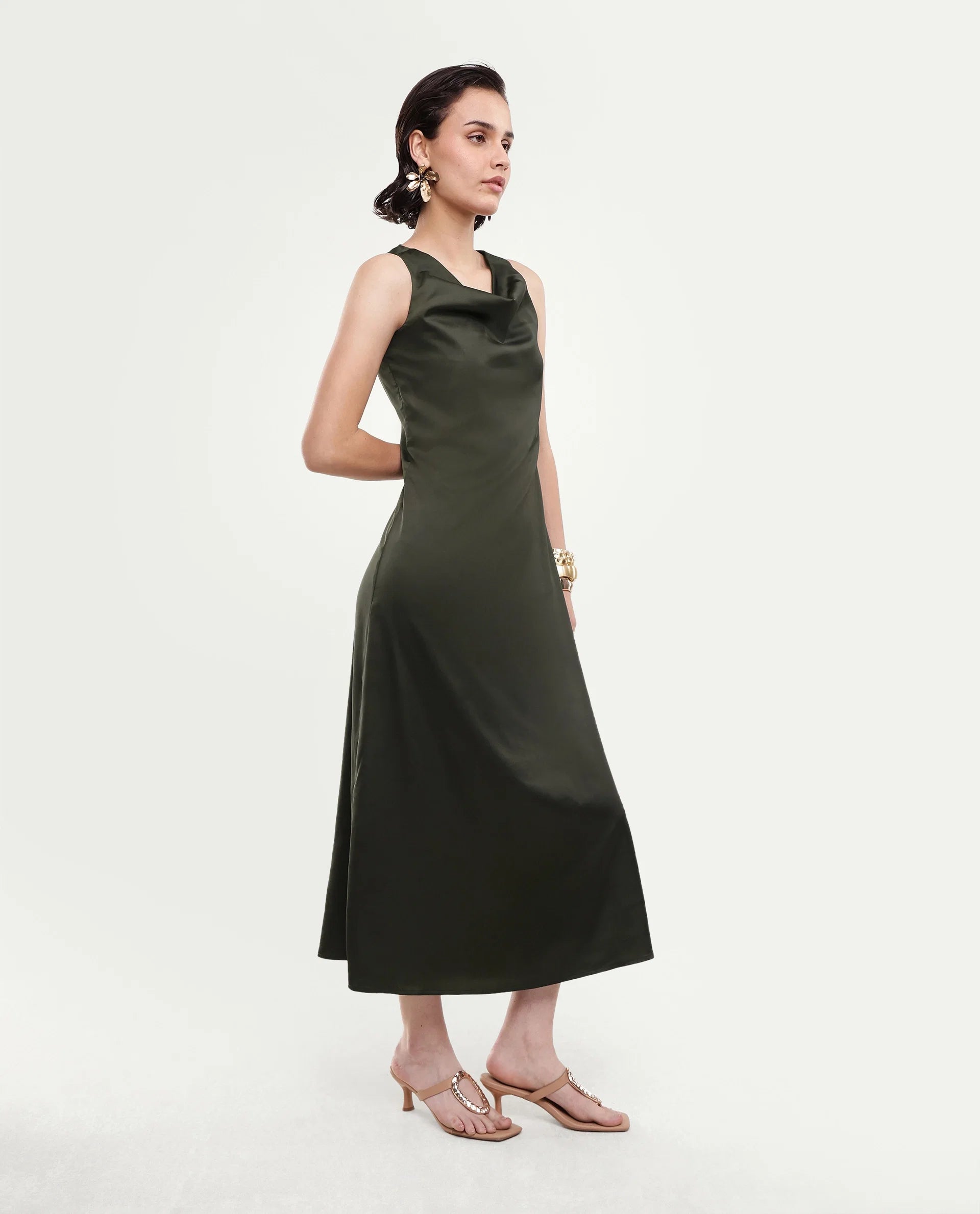 Rareism Women's Addina Olive Polyester Cowl Neck Pull-On Bodycon Plain Dress