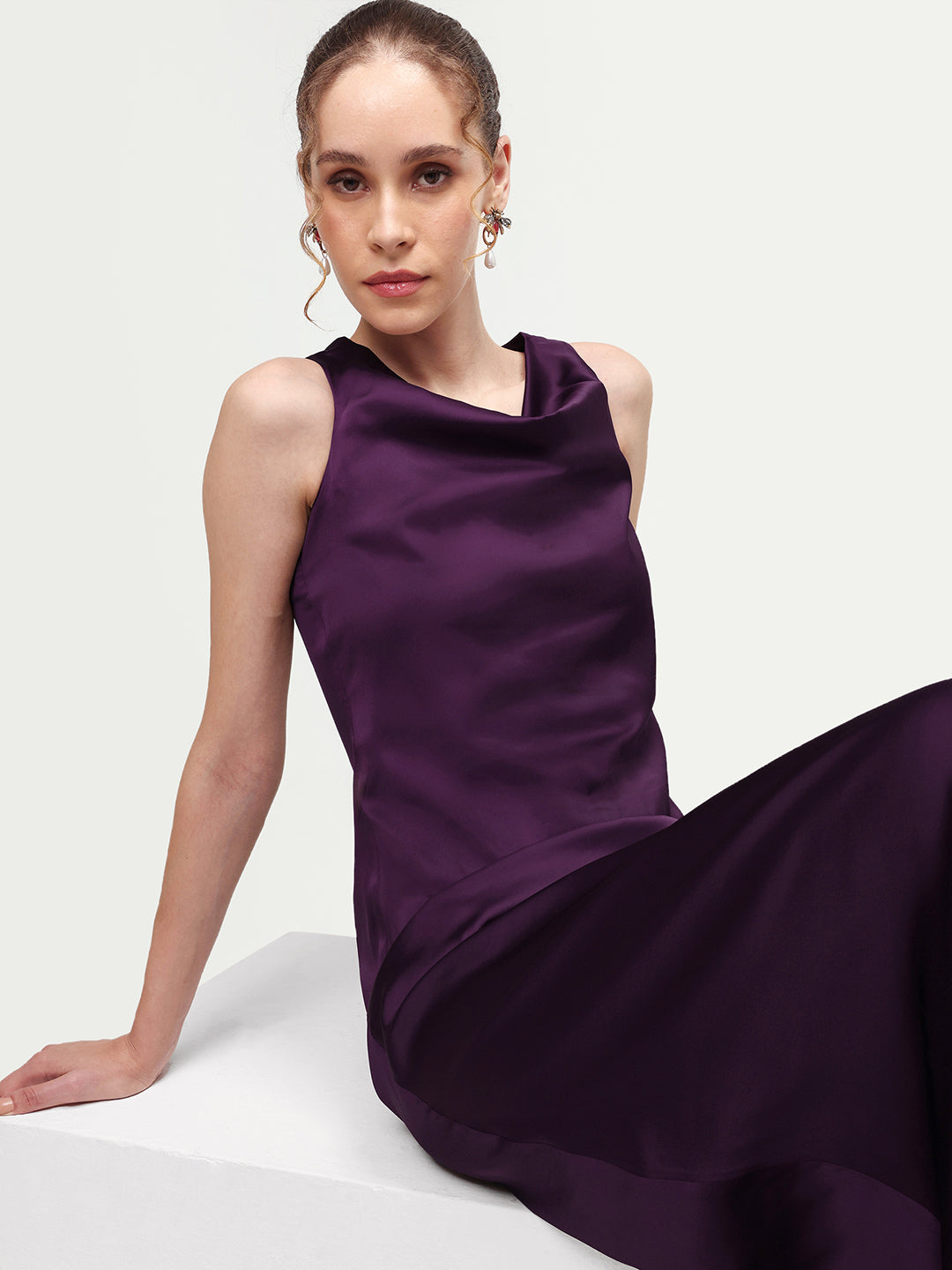 Rareism Women's Addina Purple Polyester Cowl Neck Pull-On Bodycon Plain Dress