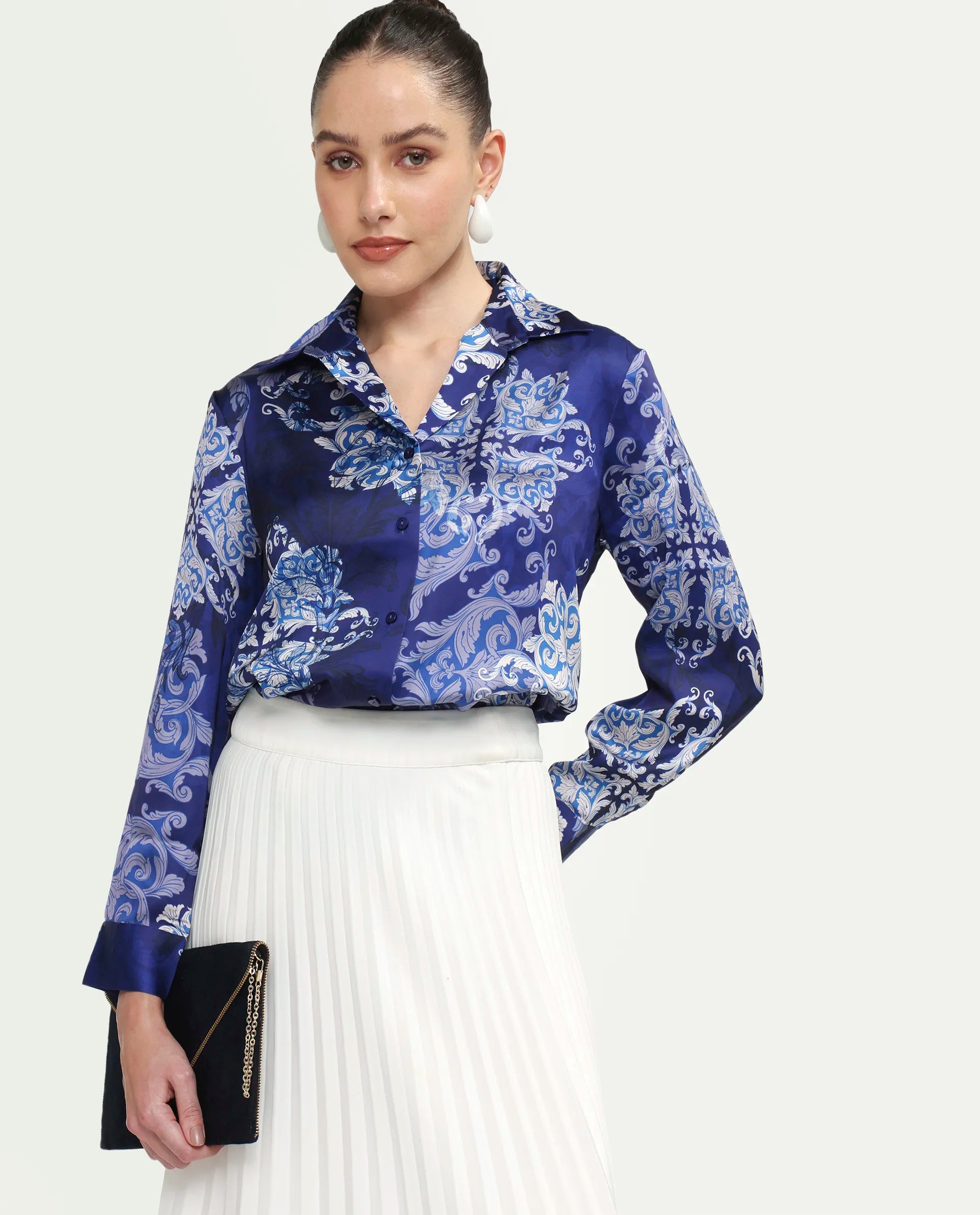 Rareism Women's Aleen Blue Polyester Full Sleeve Spread Collar Relaxed Fit Printed Shirt