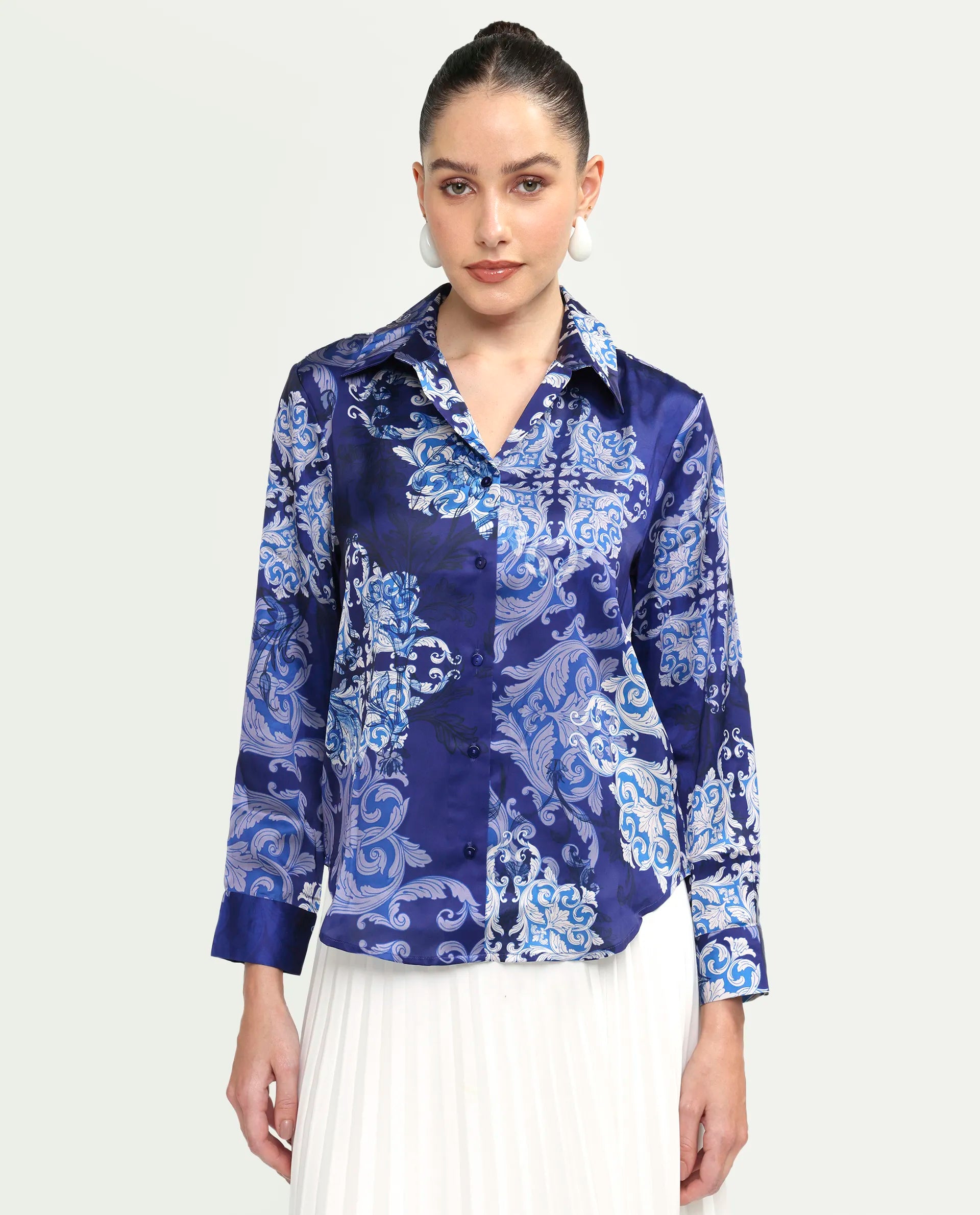 Rareism Women's Aleen Blue Polyester Full Sleeve Spread Collar Relaxed Fit Printed Shirt