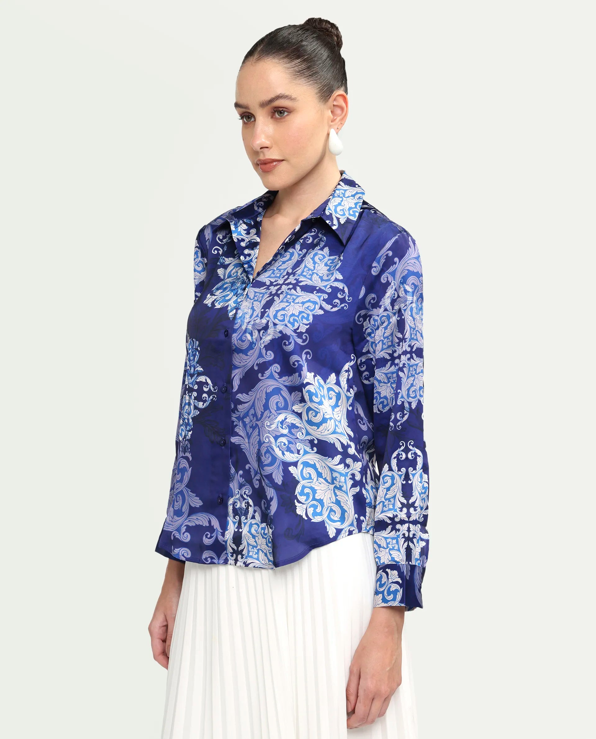 Rareism Women's Aleen Blue Polyester Full Sleeve Spread Collar Relaxed Fit Printed Shirt
