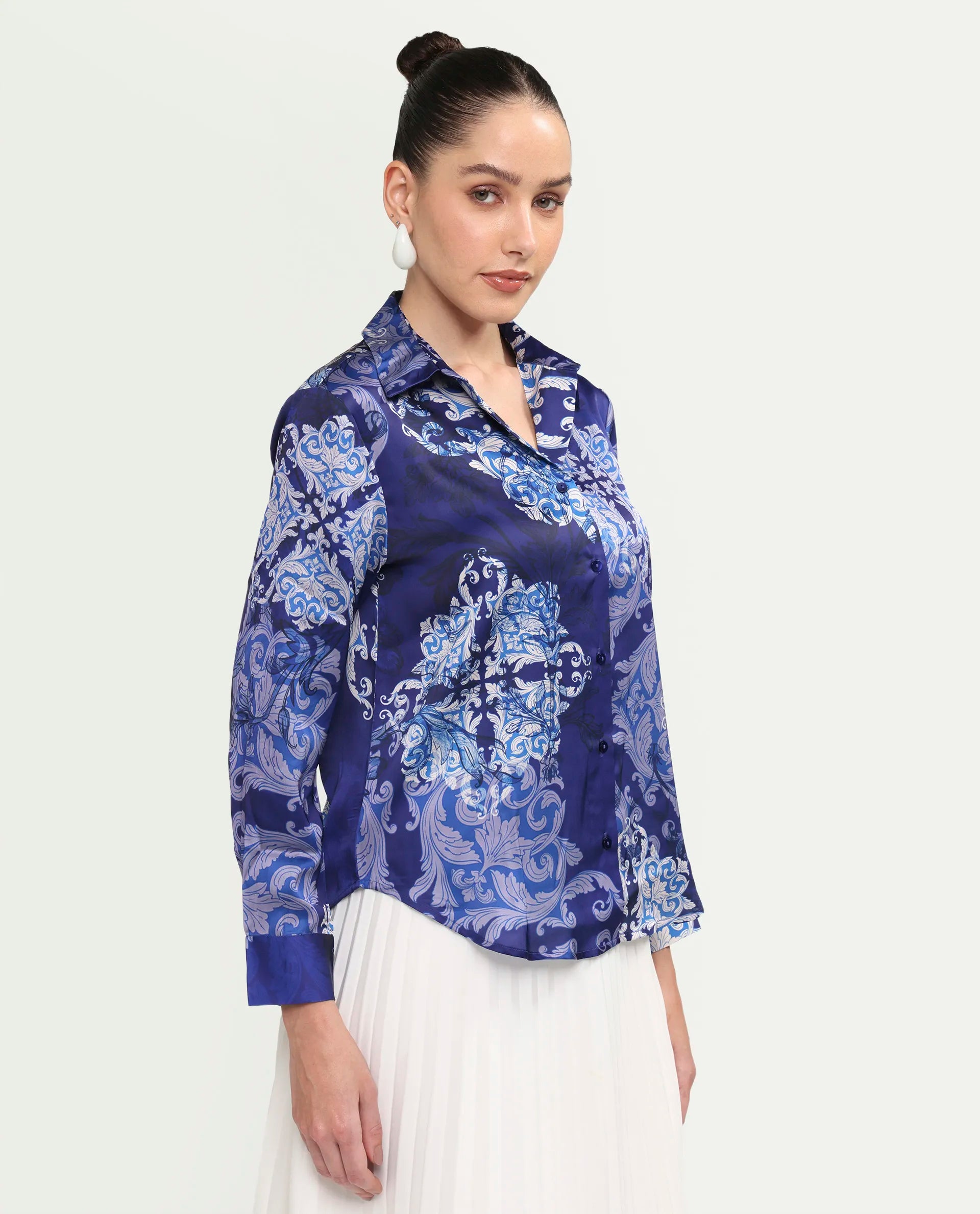 Rareism Women's Aleen Blue Polyester Full Sleeve Spread Collar Relaxed Fit Printed Shirt
