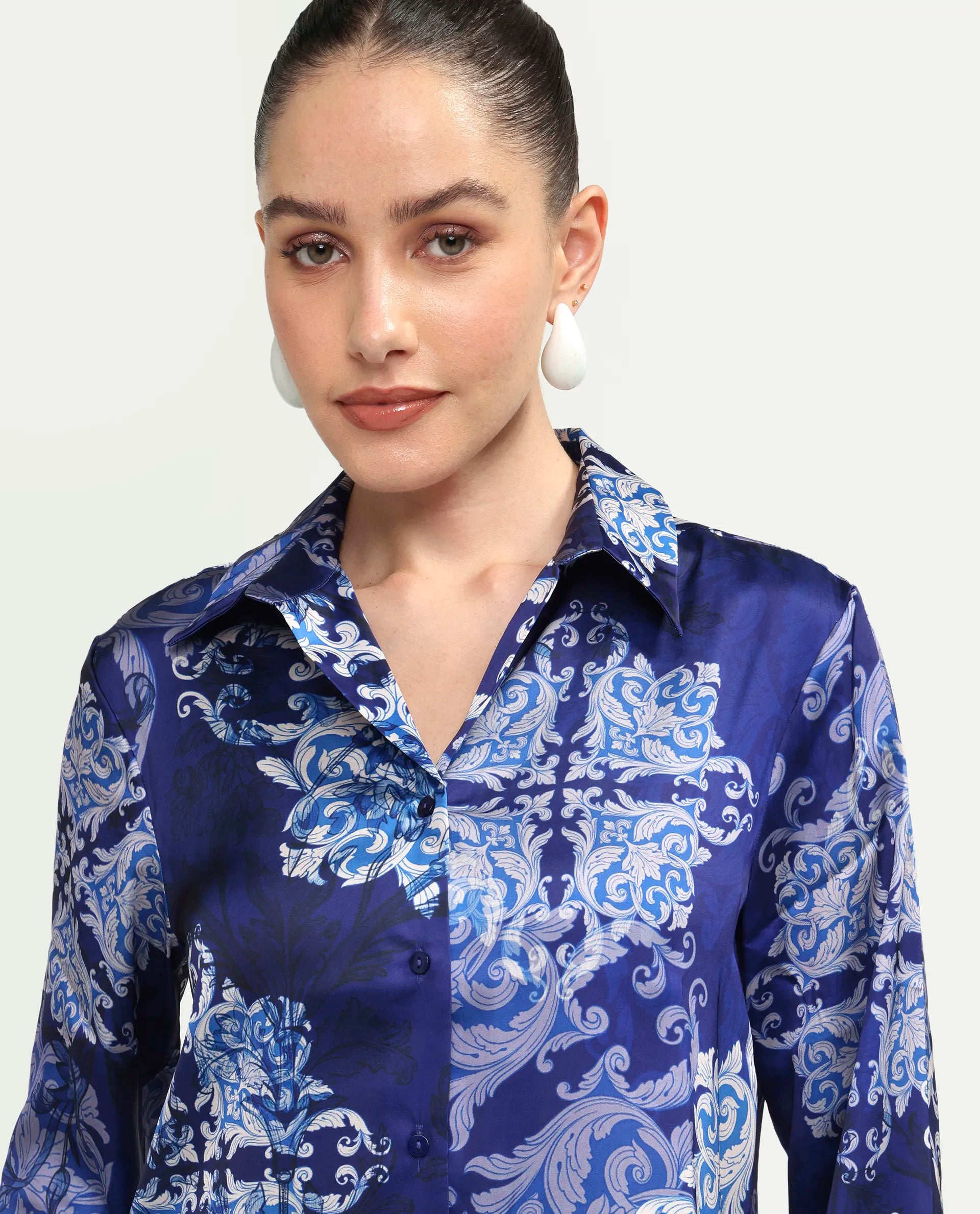 Rareism Women's Aleen Blue Polyester Full Sleeve Spread Collar Relaxed Fit Printed Shirt