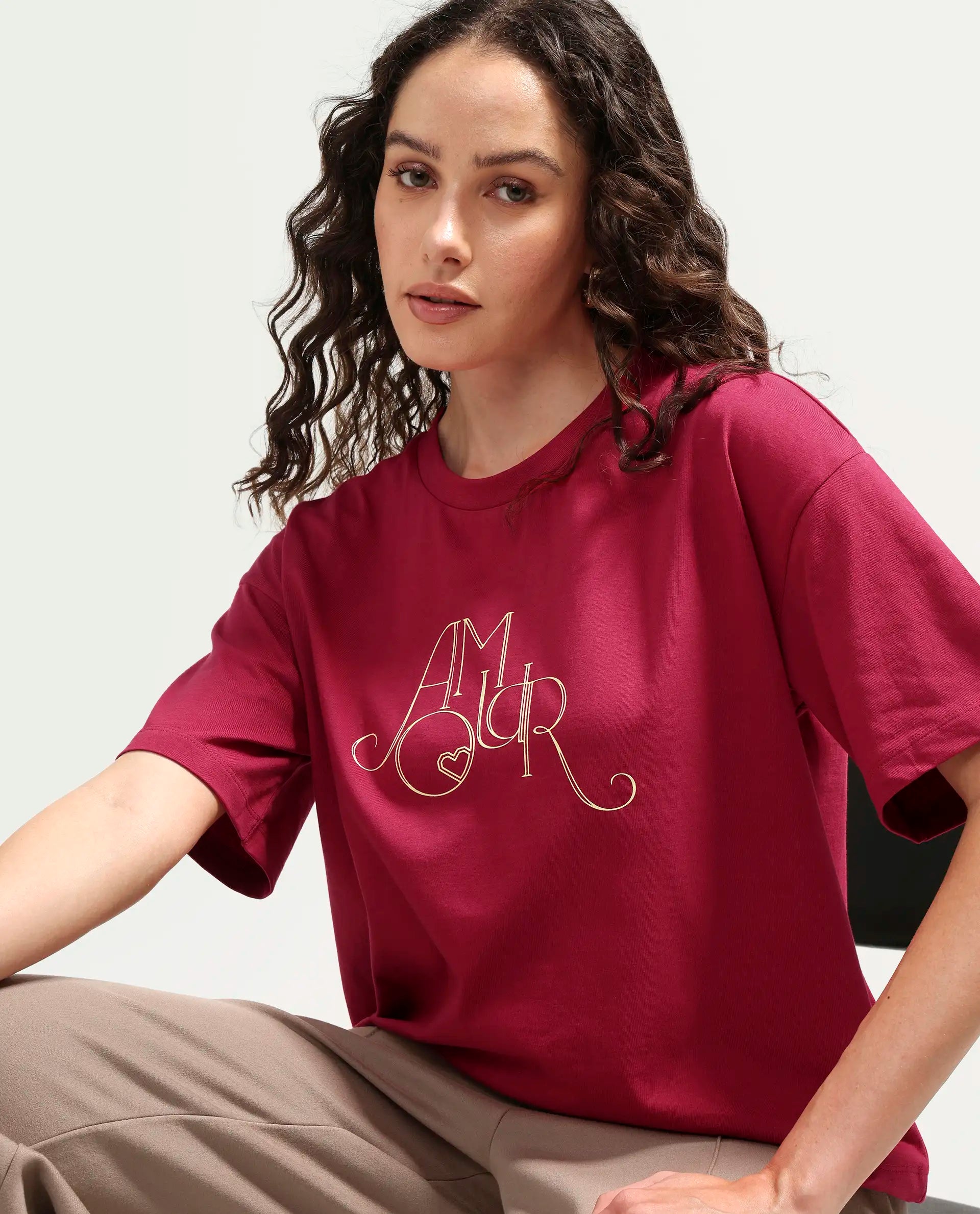 Rareism Women's Zamor Dark Pink Cotton Crew Neck Pull-On Boxy Typography Print T-Shirt