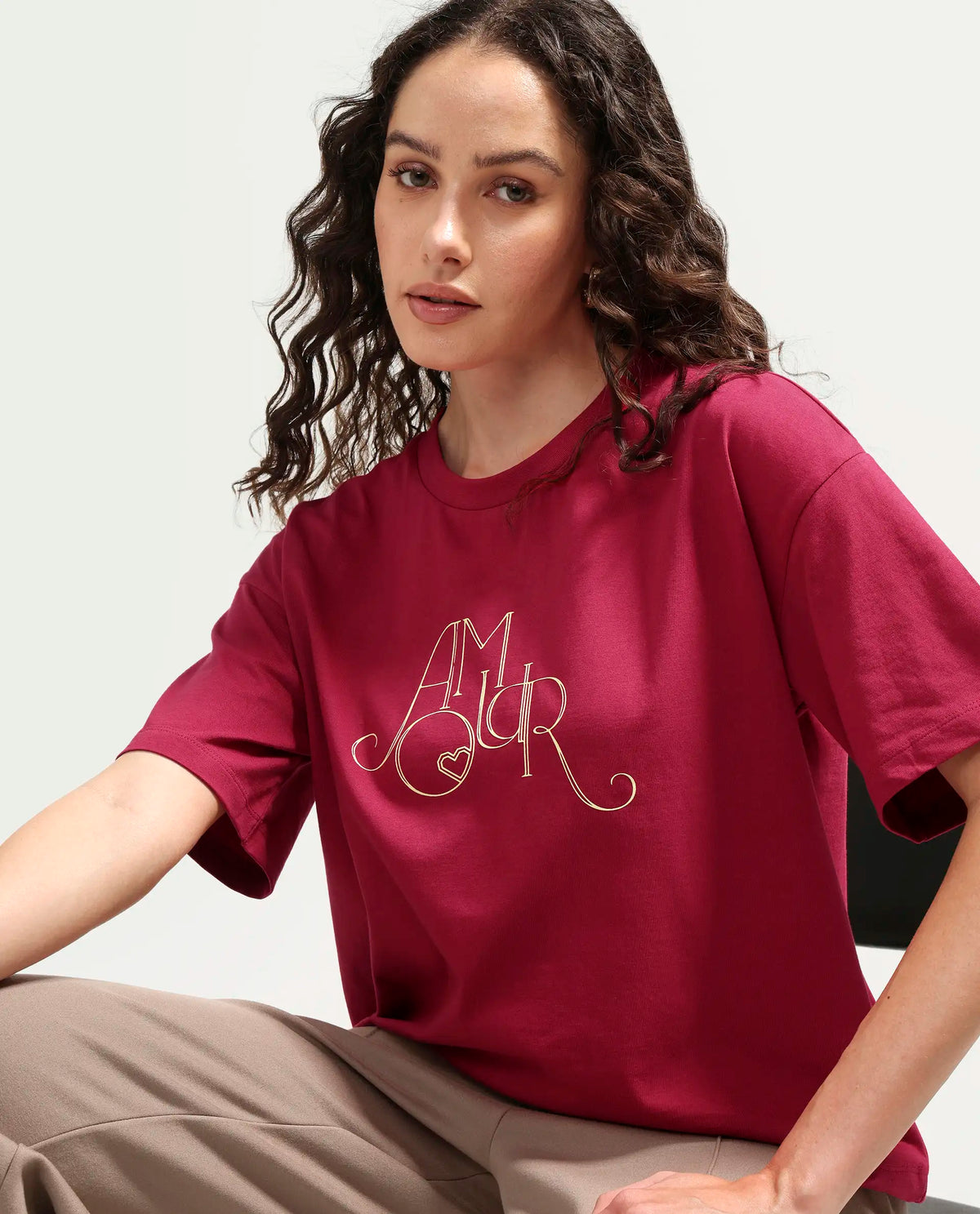 Rareism Women's Zamor Dark Pink Cotton Crew Neck Pull-On Boxy Typography Print T-Shirt