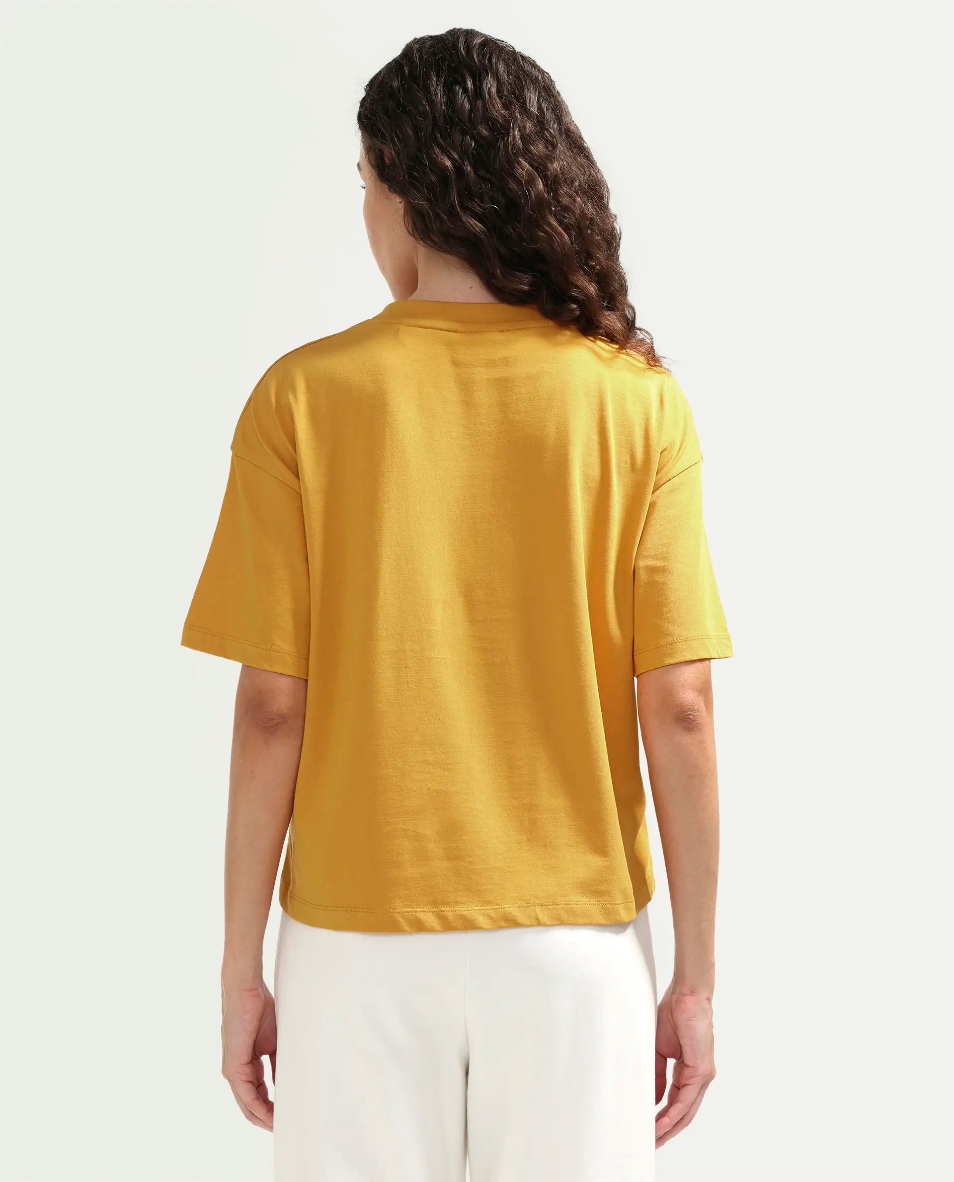 Rareism Women's Zamor Mustard Cotton Crew Neck Pull-On Boxy Typography Print T-Shirt