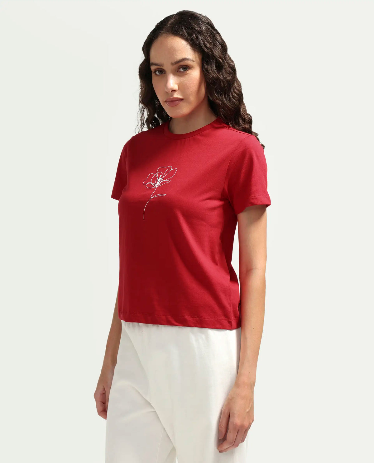 Rareism Women's Zexer Red Cotton Crew Neck Pull-On Regular Floral Print T-Shirt