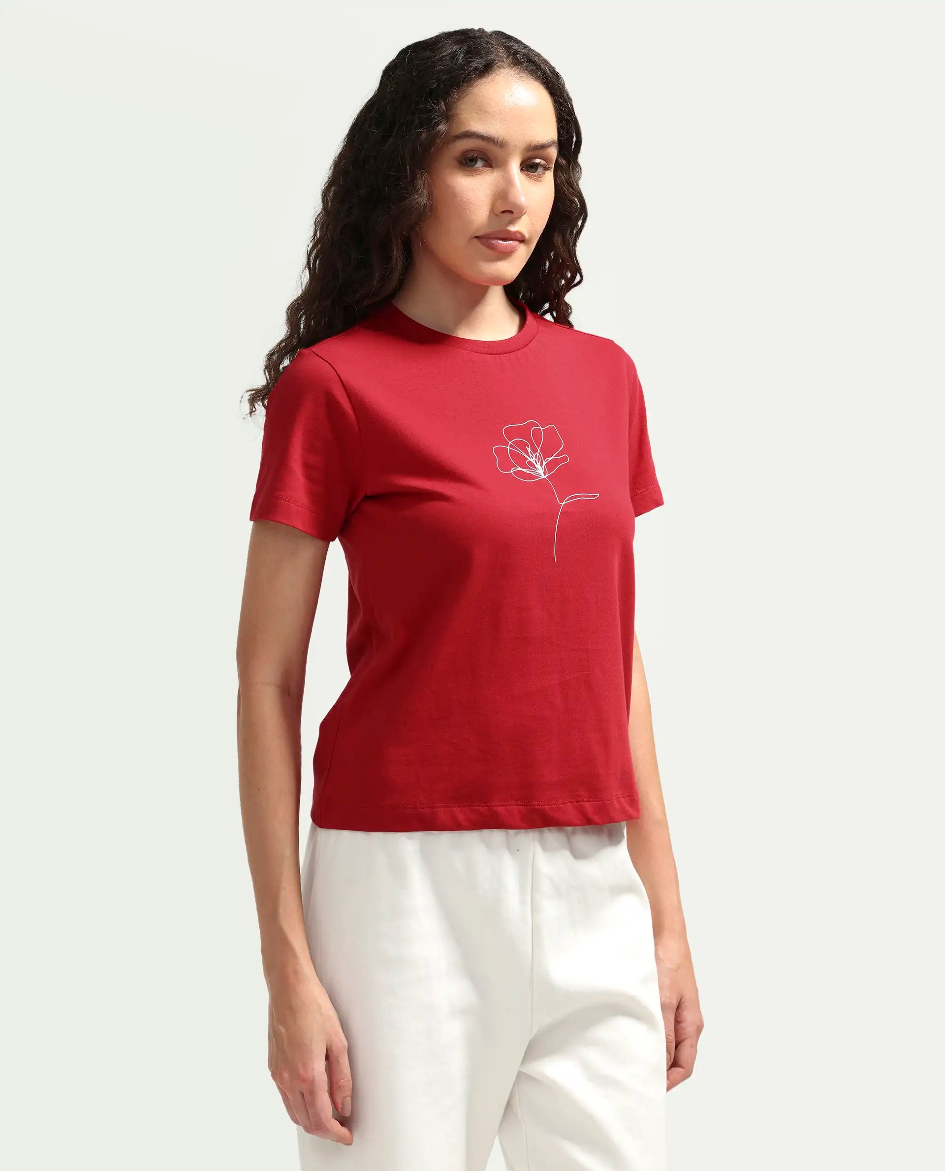 Rareism Women's Zexer Red Cotton Crew Neck Pull-On Regular Floral Print T-Shirt
