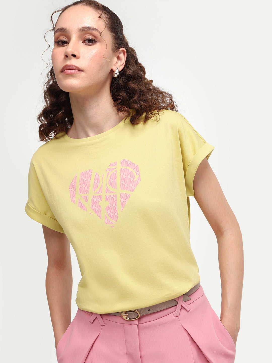 Rareism Women's Zibbit Light Green Cotton Crew Neck Pull-On Relaxed Monogram Print T-Shirt