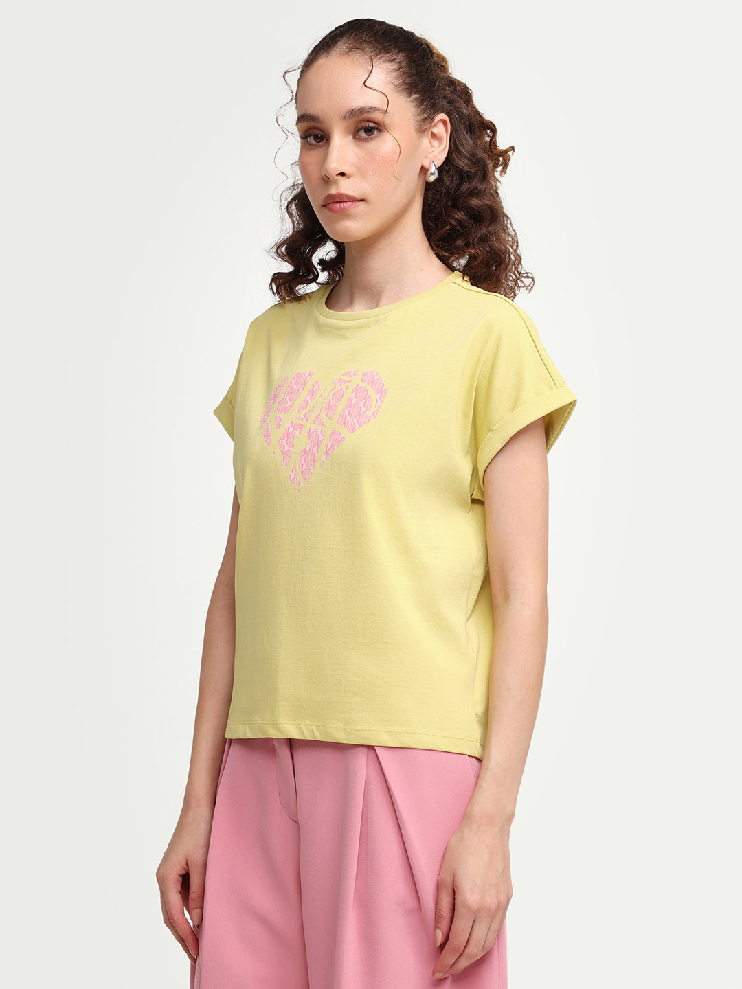 Rareism Women's Zibbit Light Green Cotton Crew Neck Pull-On Relaxed Monogram Print T-Shirt