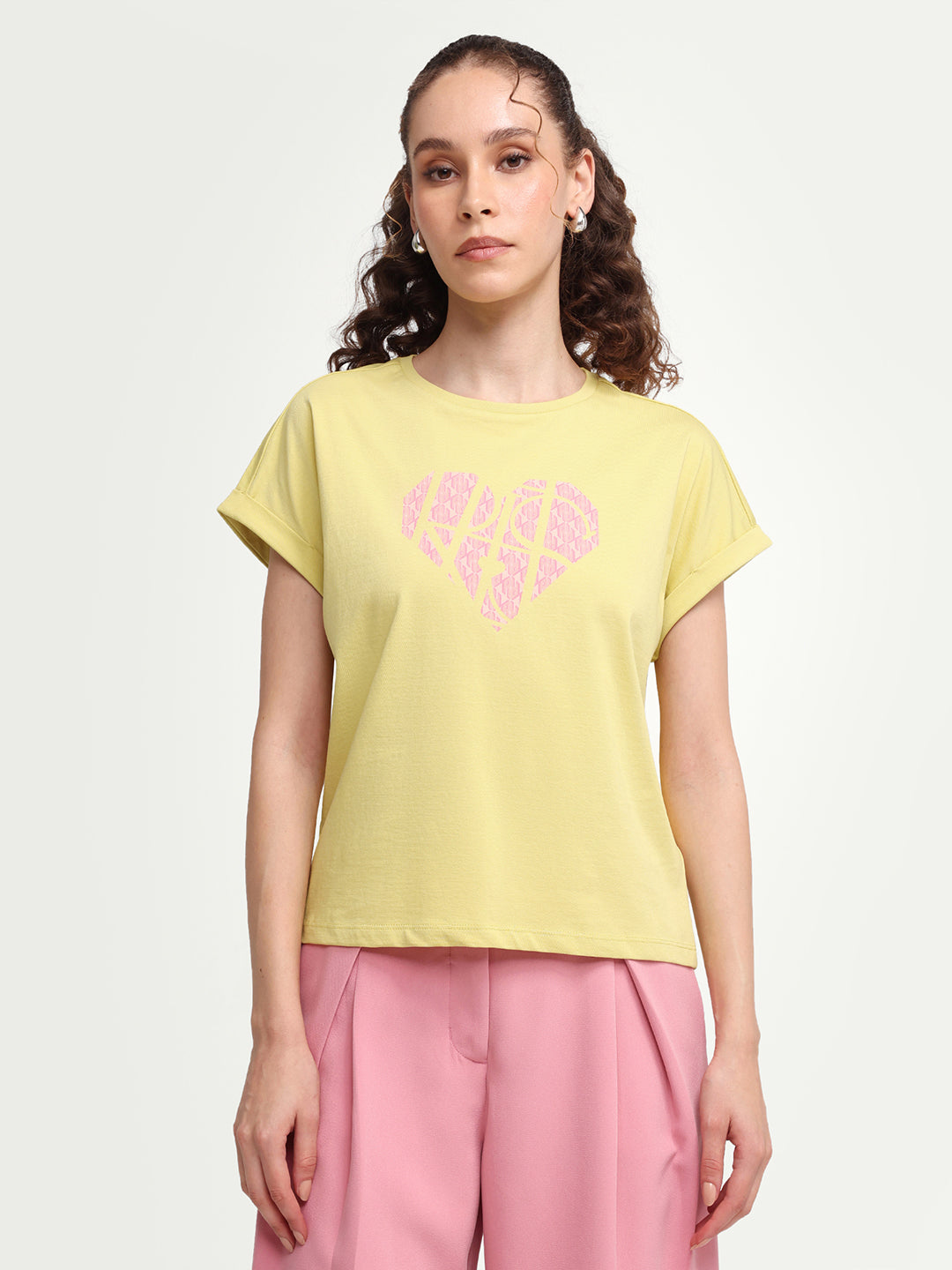 Rareism Women's Zibbit Light Green Cotton Crew Neck Pull-On Relaxed Monogram Print T-Shirt