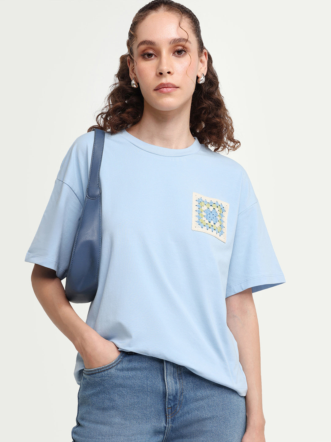 Rareism Women's Zoppy Light Blue Cotton Blend Crew Neck Pull-On Boxy Plain T-Shirt