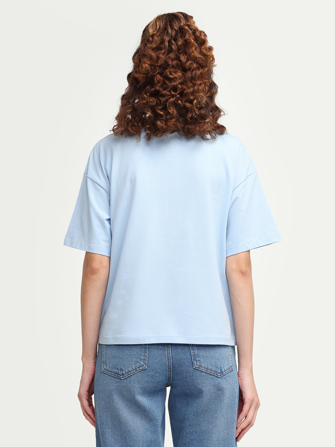 Rareism Women's Zoppy Light Blue Cotton Blend Crew Neck Pull-On Boxy Plain T-Shirt