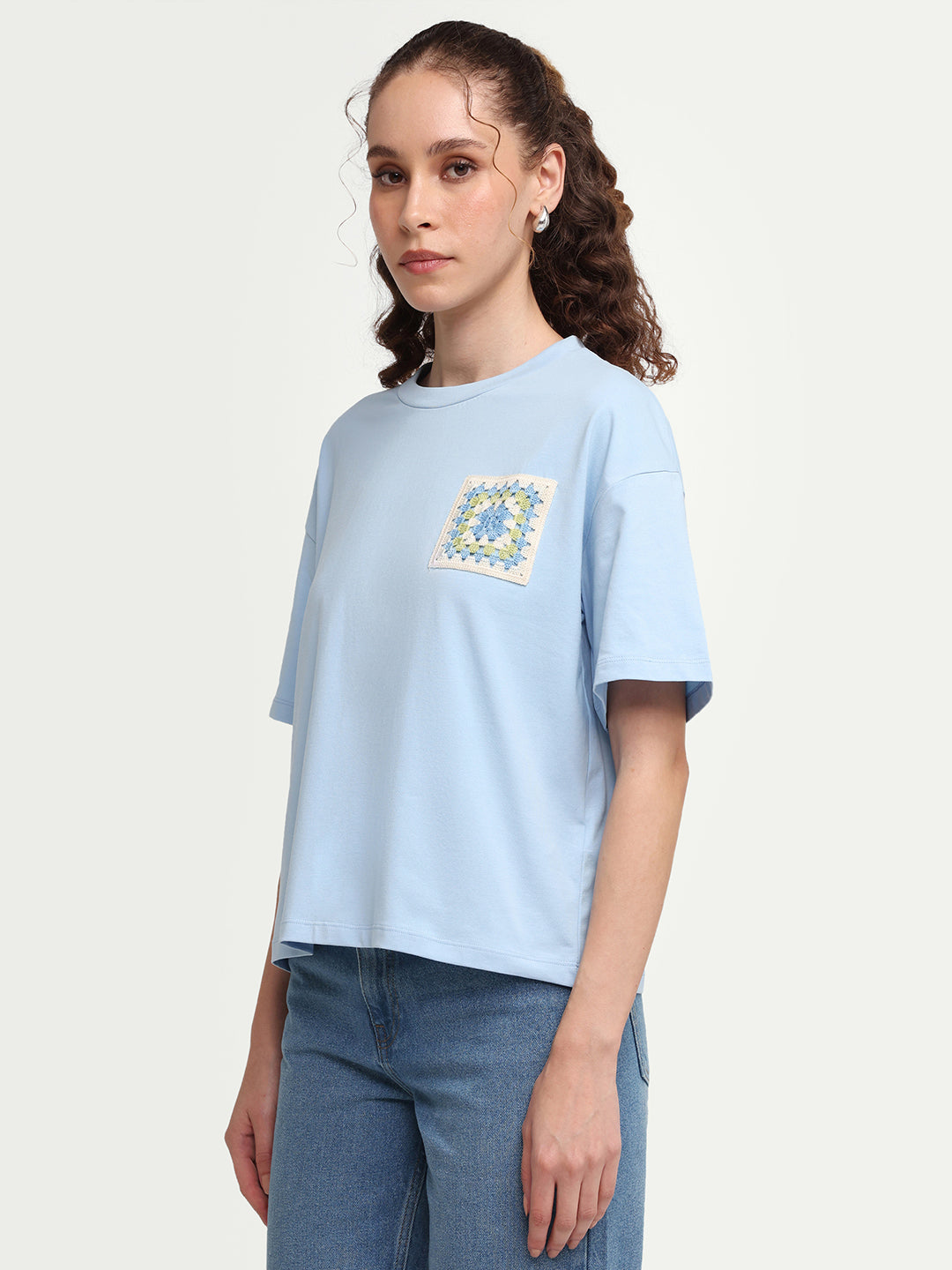 Rareism Women's Zoppy Light Blue Cotton Blend Crew Neck Pull-On Boxy Plain T-Shirt