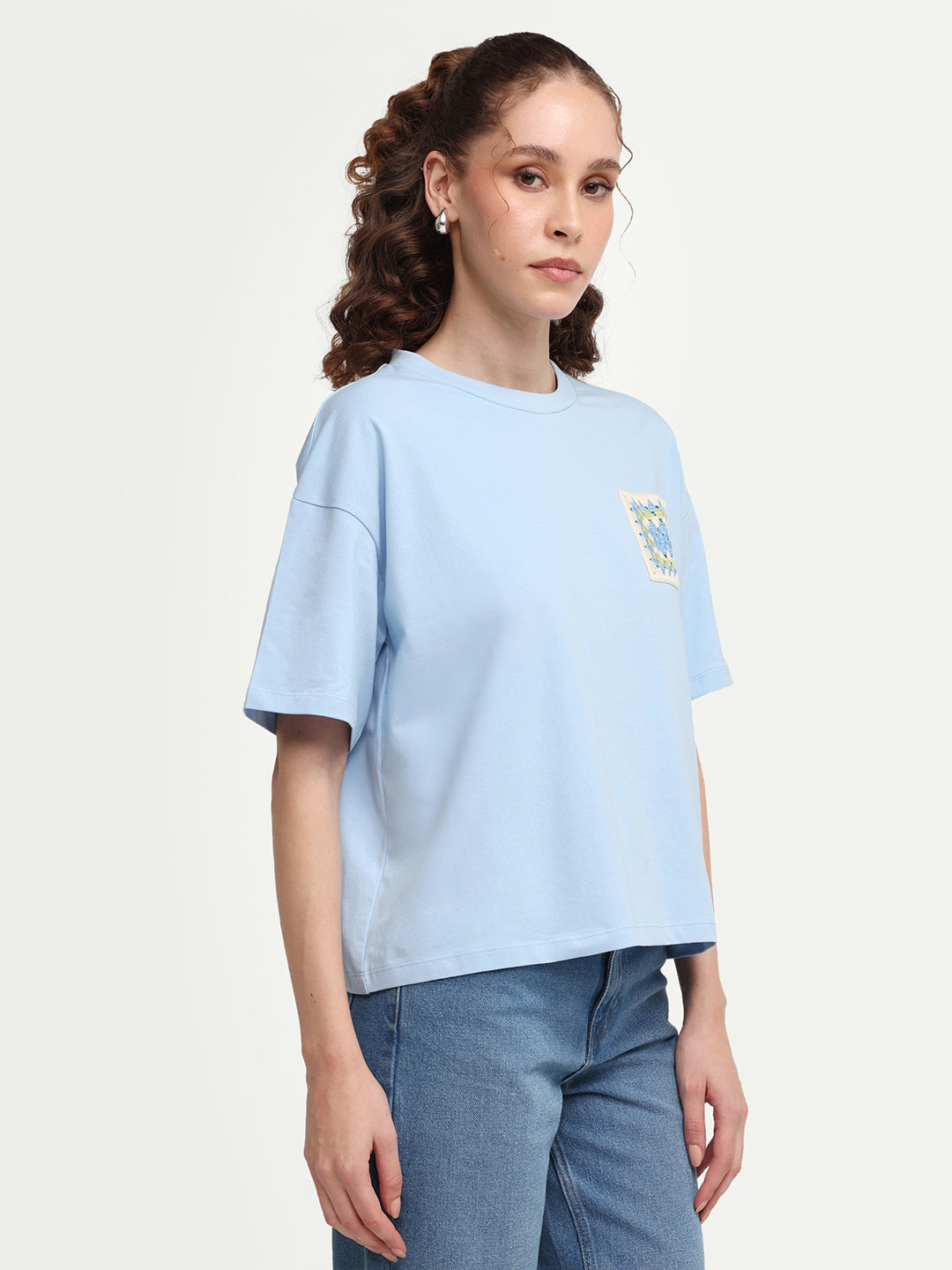 Rareism Women's Zoppy Light Blue Cotton Blend Crew Neck Pull-On Boxy Plain T-Shirt