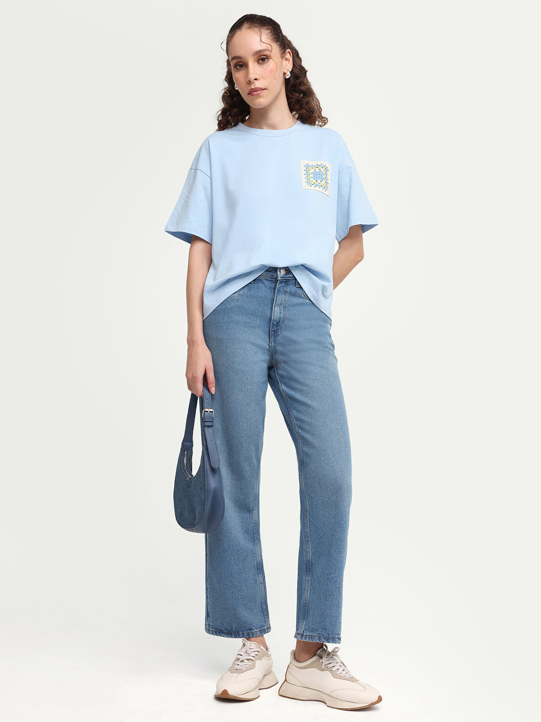 Rareism Women's Zoppy Light Blue Cotton Blend Crew Neck Pull-On Boxy Plain T-Shirt
