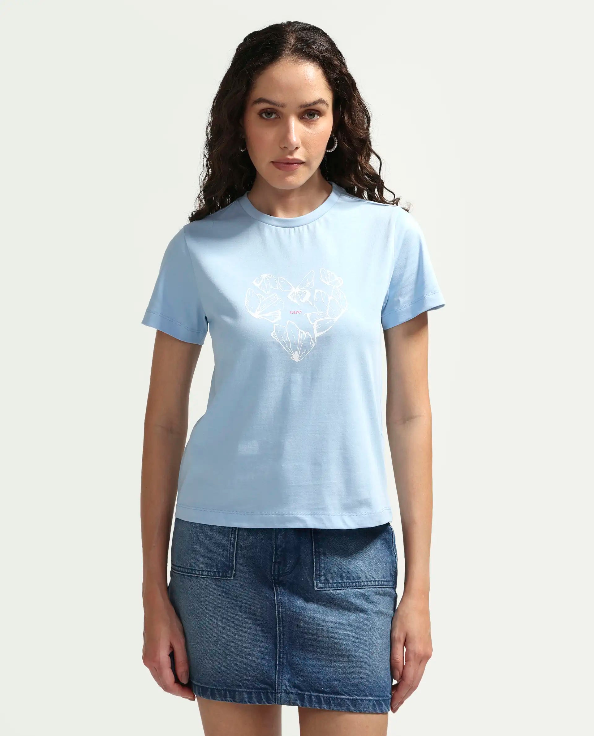 Rareism Women's Zelly Light Blue Cotton Crew Neck Pull-On Regular Object Print T-Shirt