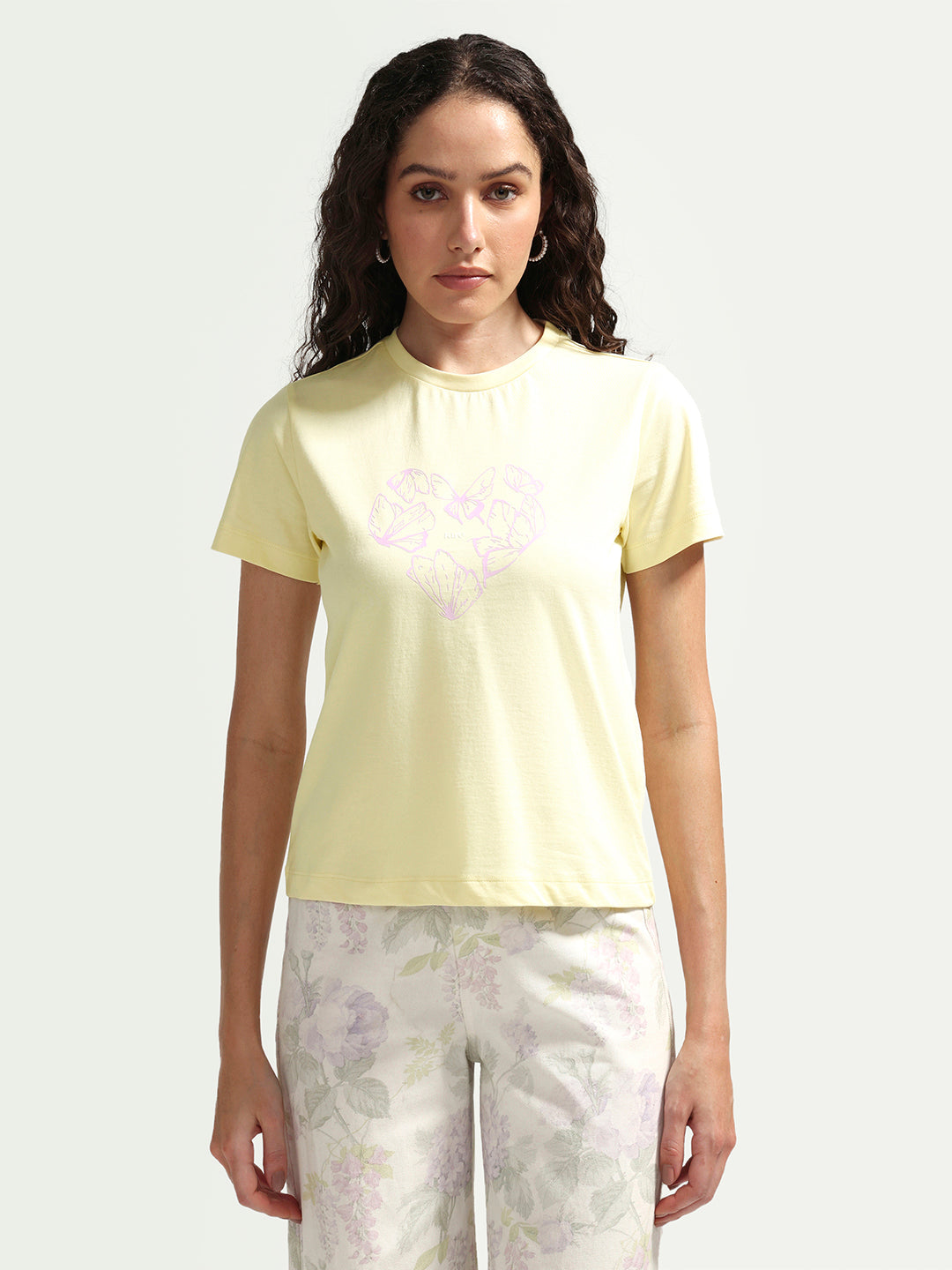 Rareism Women's Zelly Light Yellow Cotton Crew Neck Pull-On Regular Object Print T-Shirt