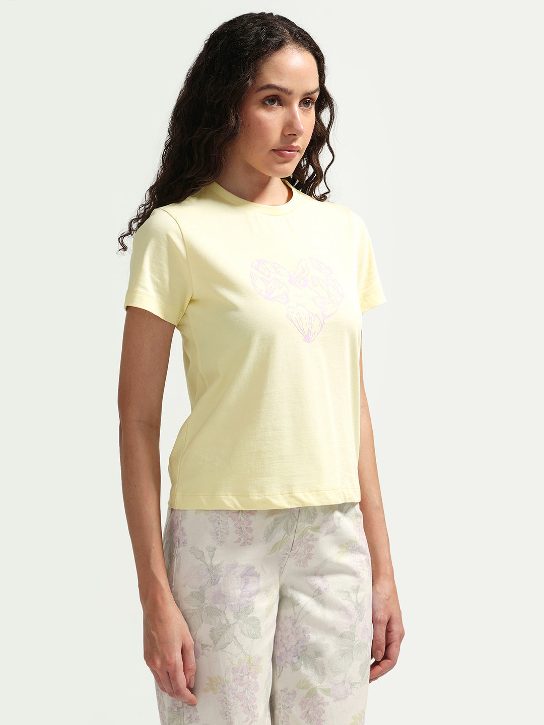 Rareism Women's Zelly Light Yellow Cotton Crew Neck Pull-On Regular Object Print T-Shirt