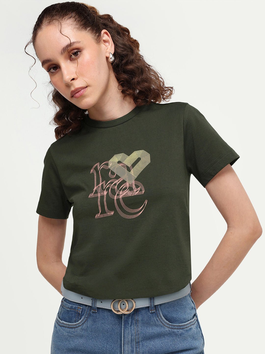 Rareism Women's Zera Olive Cotton Crew Neck Pull-On Regular Graphic Print T-Shirt