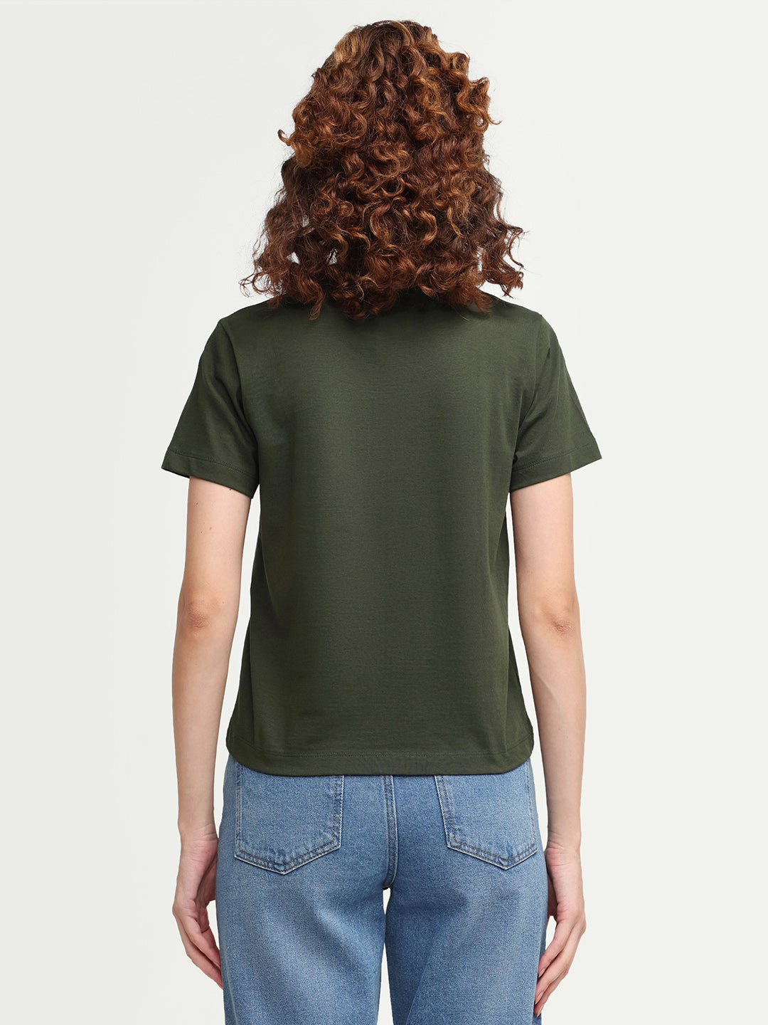 Rareism Women's Zera Olive Cotton Crew Neck Pull-On Regular Graphic Print T-Shirt