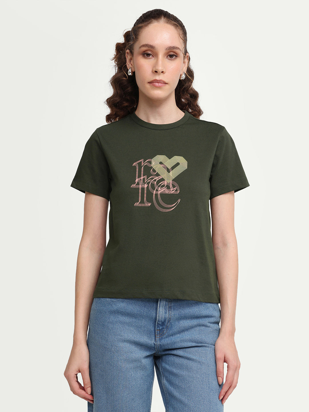 Rareism Women's Zera Olive Cotton Crew Neck Pull-On Regular Graphic Print T-Shirt