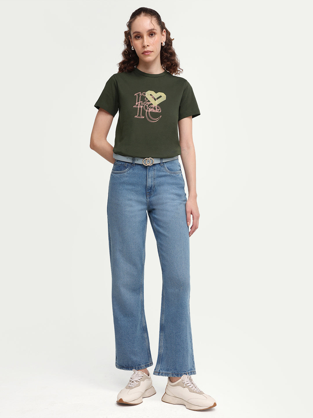 Rareism Women's Zera Olive Cotton Crew Neck Pull-On Regular Graphic Print T-Shirt