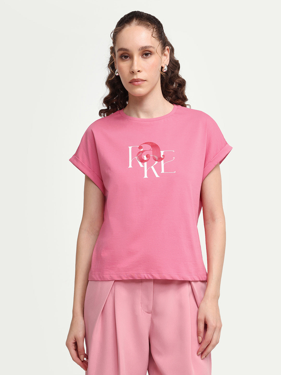 Rareism Women's Zue Pink Cotton Crew Neck Pull-On Relaxed Typography Print T-Shirt
