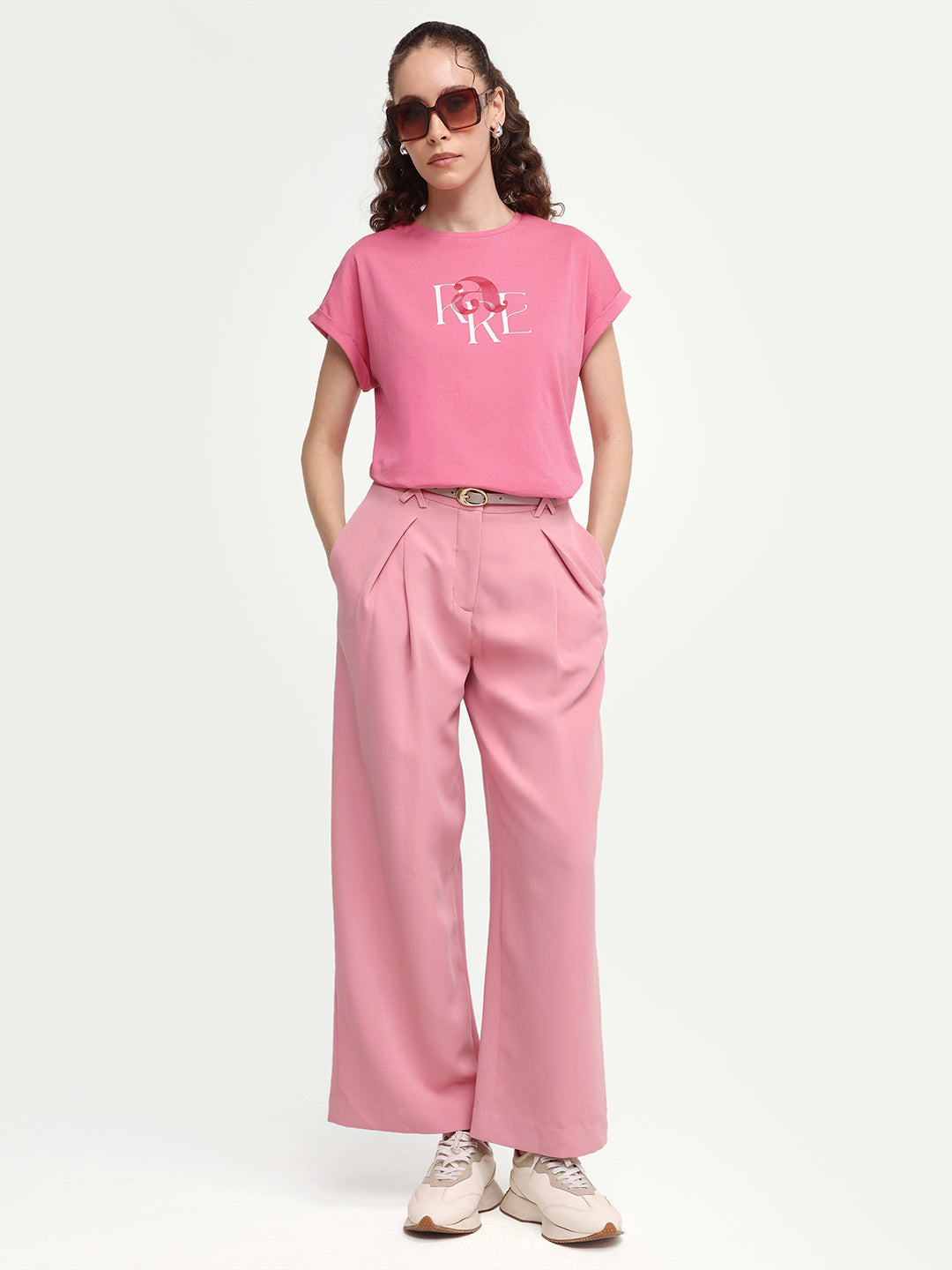Rareism Women's Zue Pink Cotton Crew Neck Pull-On Relaxed Typography Print T-Shirt