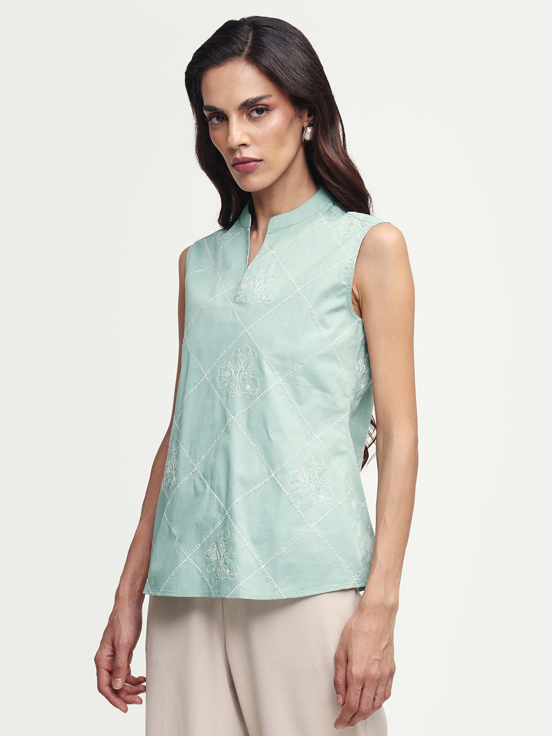 Rareism Women's Hax Dusky Green Cotton Sleeveless Band Collar Pull-On Regular Plain Top