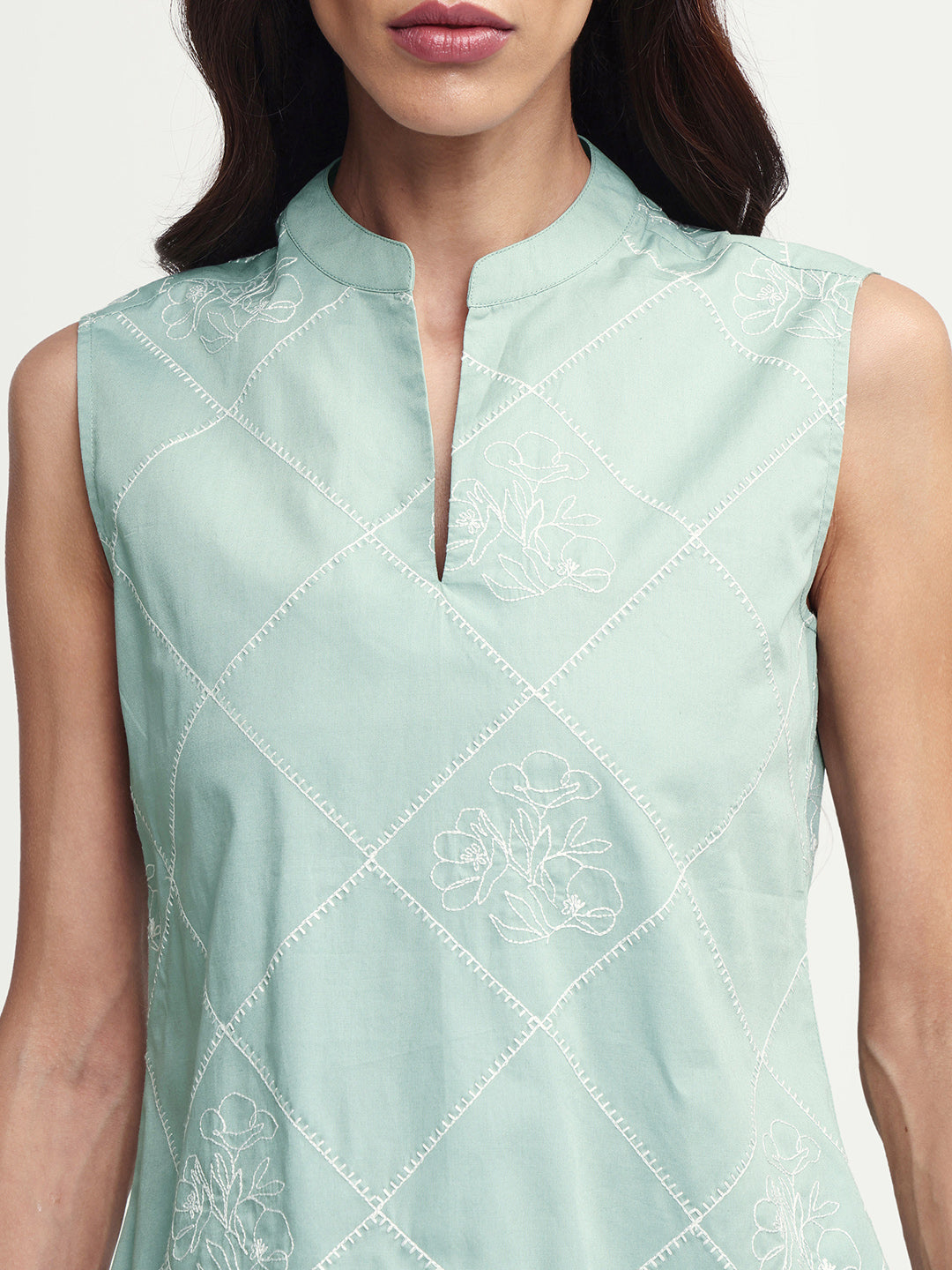 Rareism Women's Hax Dusky Green Cotton Sleeveless Band Collar Pull-On Regular Plain Top