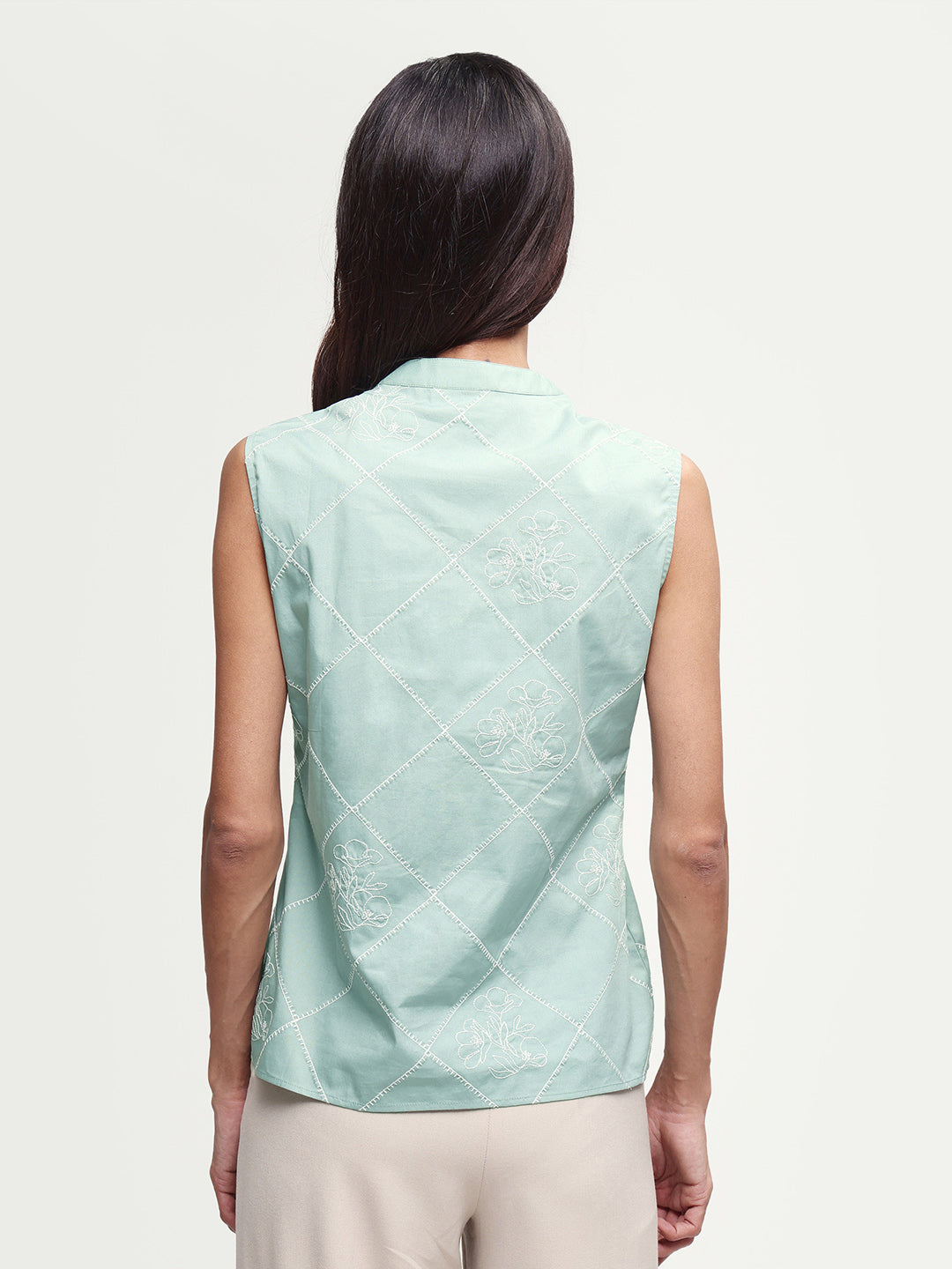 Rareism Women's Hax Dusky Green Cotton Sleeveless Band Collar Pull-On Regular Plain Top