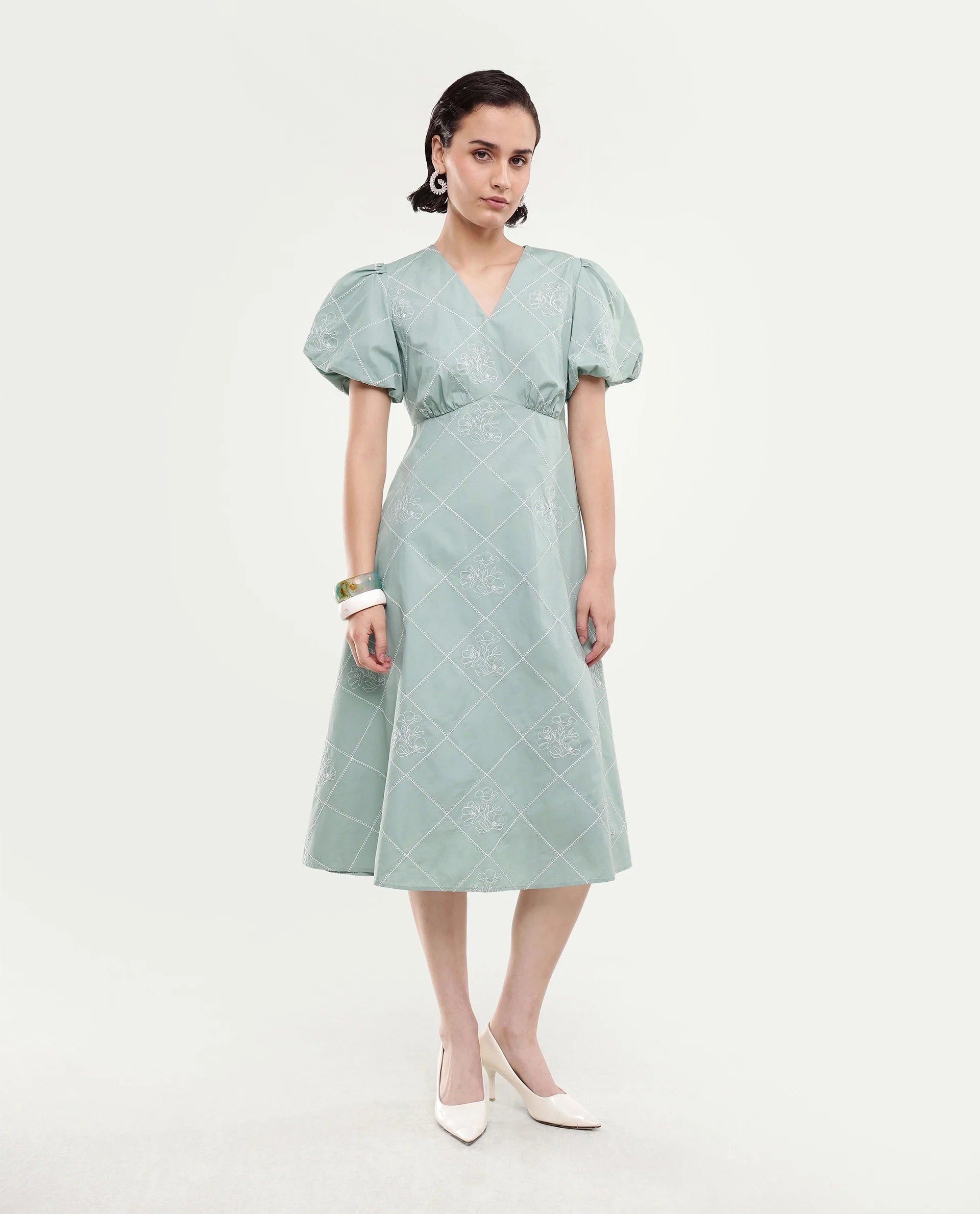 Rareism Women's Haxa Dusky Green Cotton Half Sleeve V-Neck Fit And Flare Plain Dress