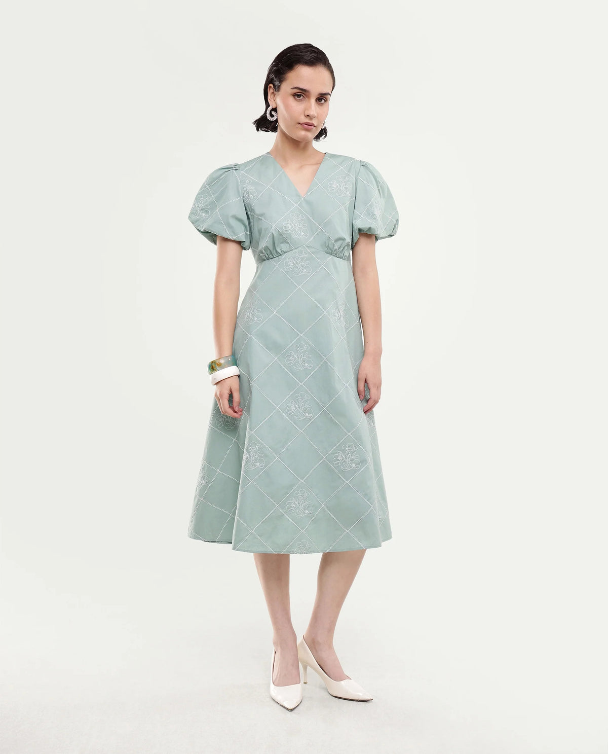 Rareism Women's Haxa Dusky Green Cotton Half Sleeve V-Neck Fit And Flare Plain Dress