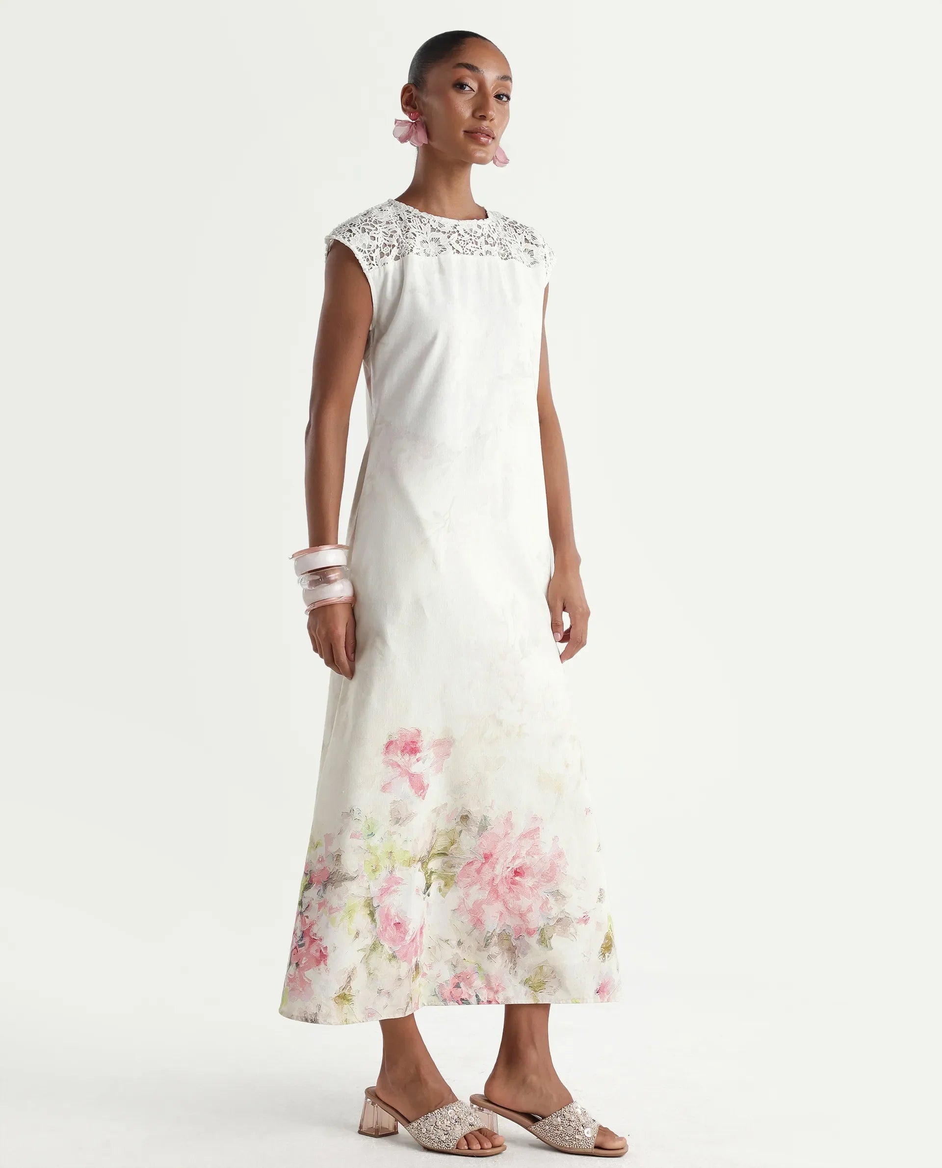 Rareism Women's Hego Off White Viscose Blend Fabric Crew Neck A-Line Floral Print Dress