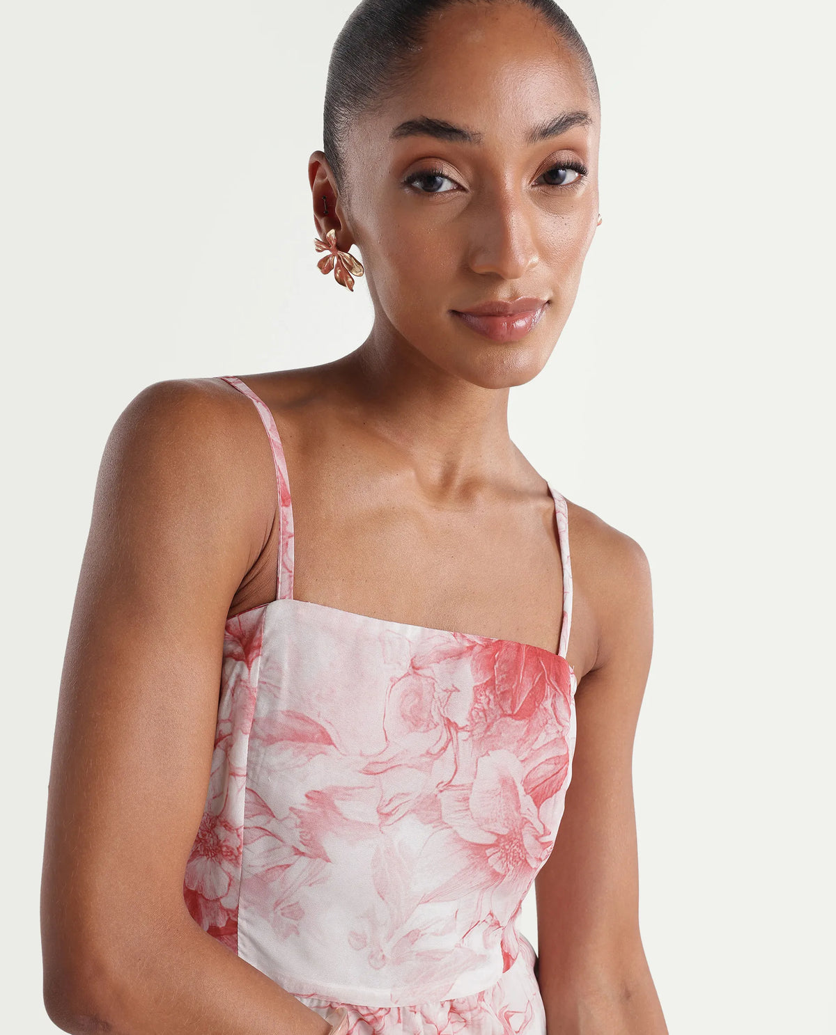 Rareism Women's Henvo Off White Polyester Tube Neck Fit And Flare Floral Print Dress