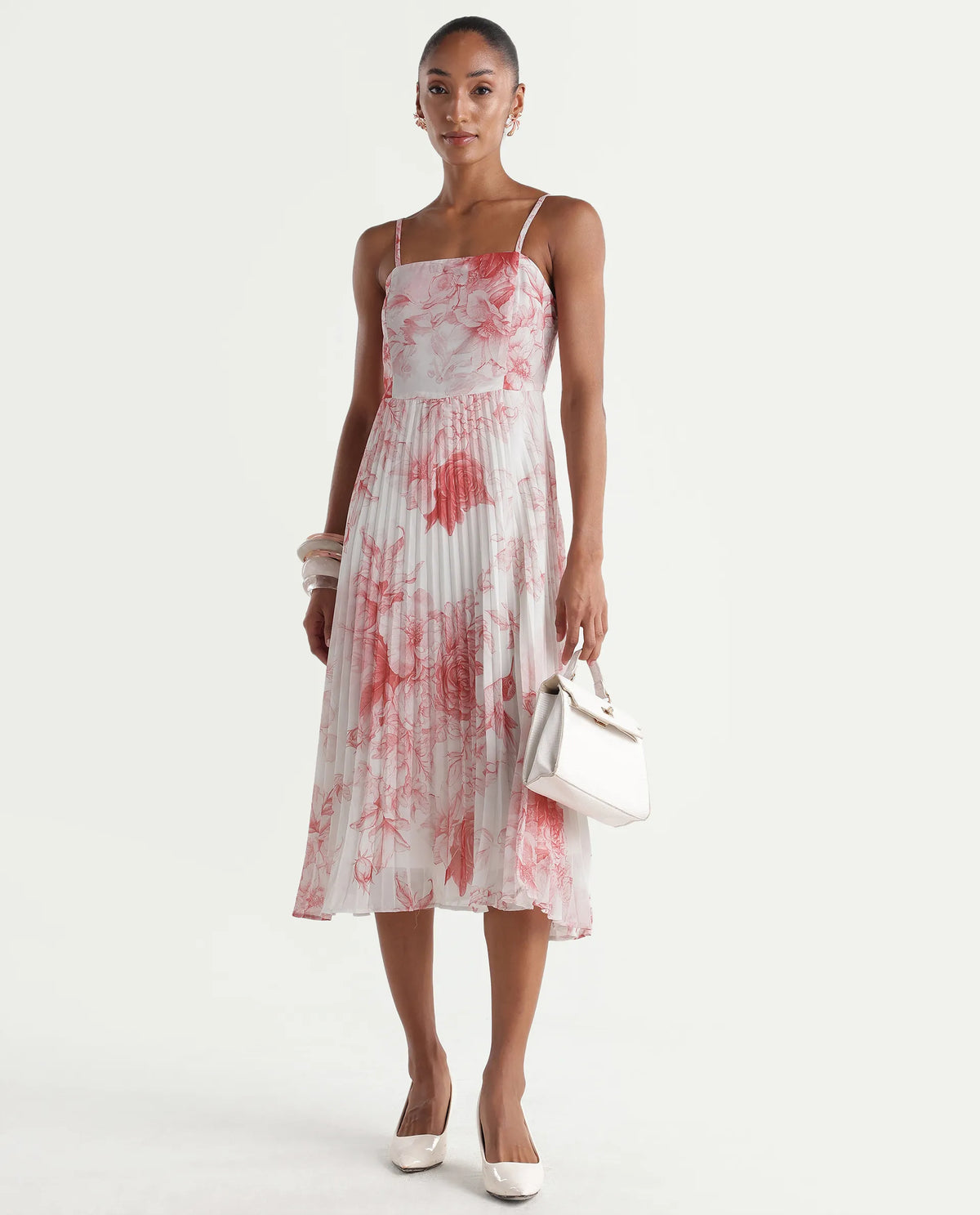 Rareism Women's Henvo Off White Polyester Tube Neck Fit And Flare Floral Print Dress