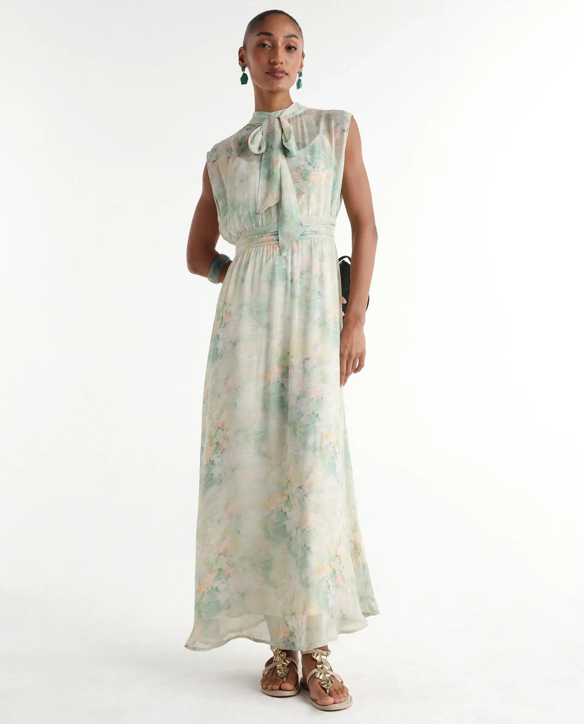 Rareism Women's Hian Light Green Viscose Blend High Neck Fit And Flare All Over Print Dress
