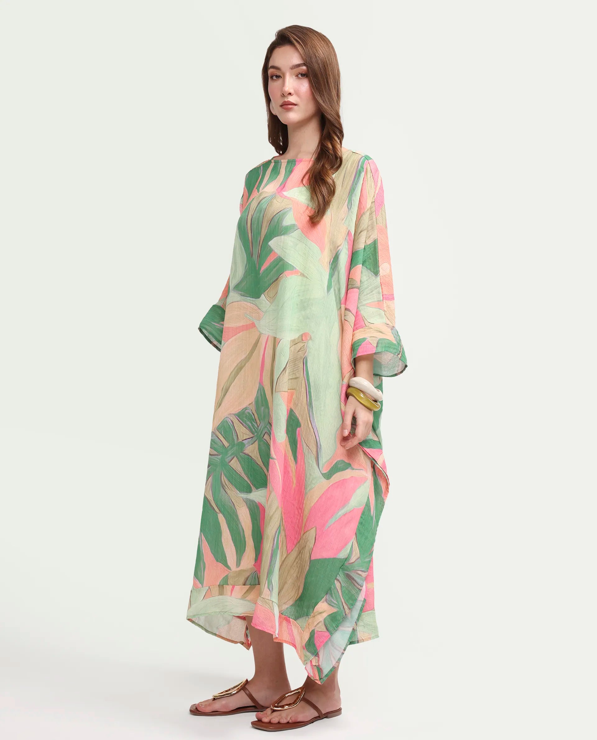 Rareism Women's Hirof Multi Polyester Full Sleeve Crew Neck Kaftan Fit Printed Dress