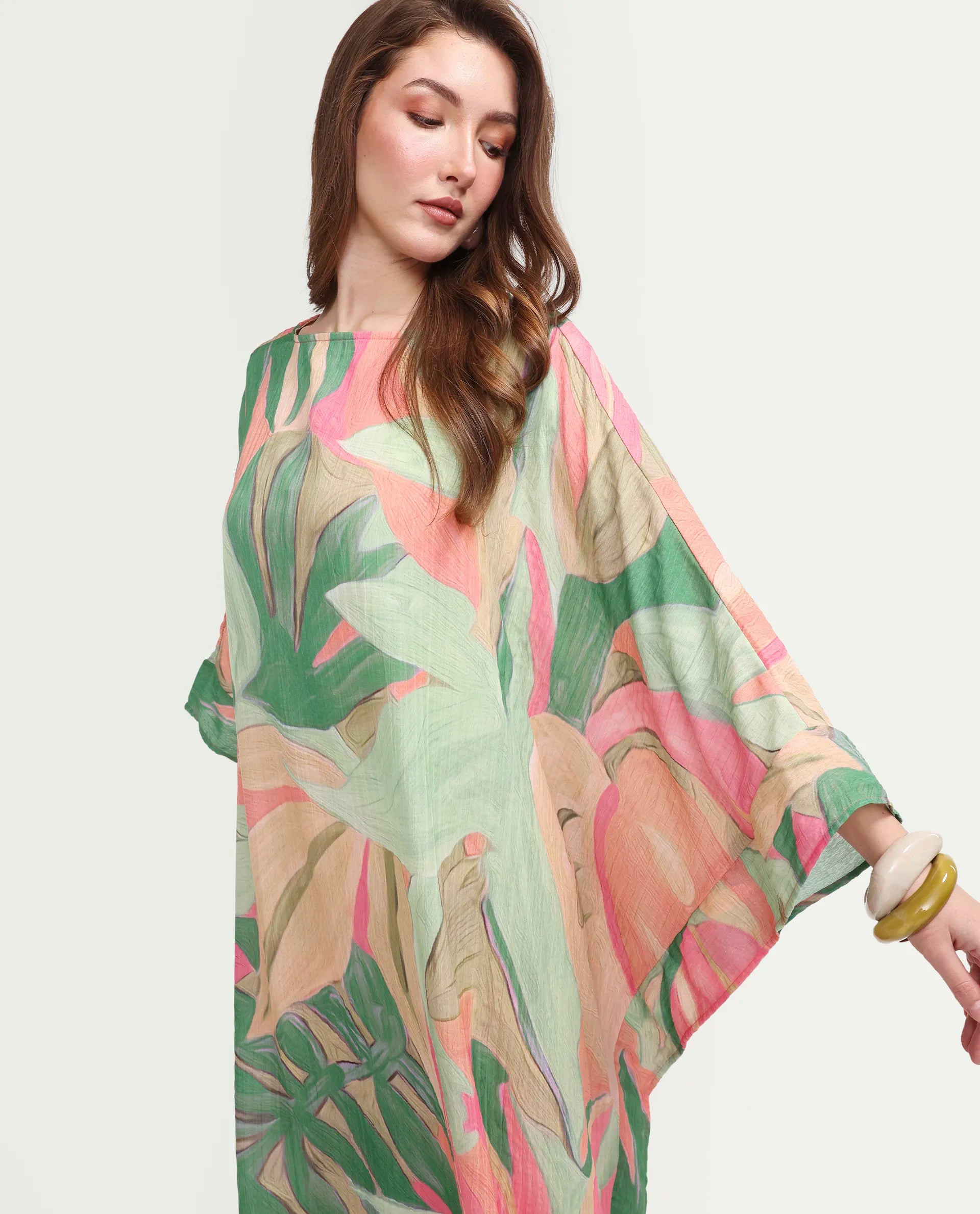 Rareism Women's Hirof Multi Polyester Full Sleeve Crew Neck Kaftan Fit Printed Dress