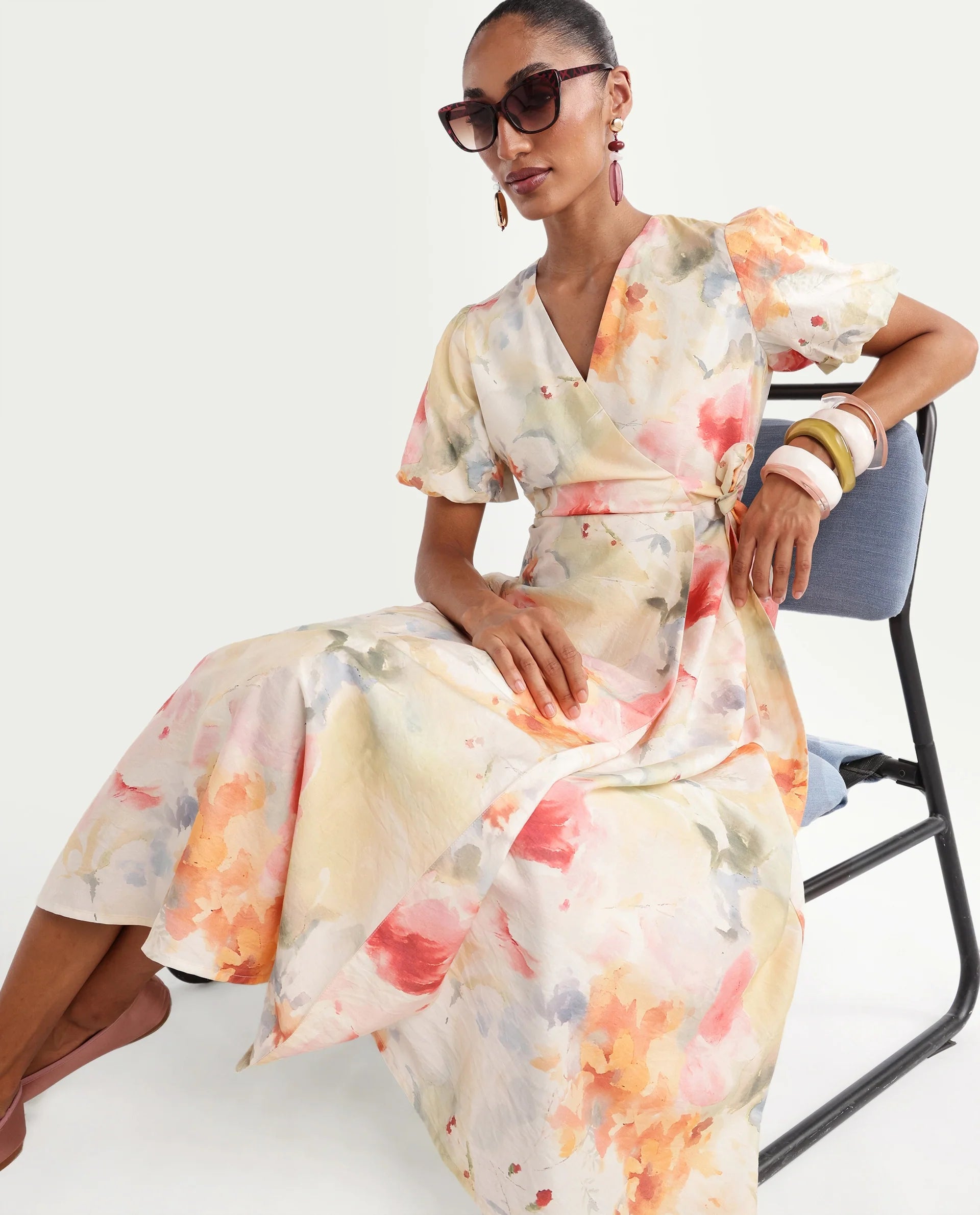 Rareism Women's Hivi Multi Viscose Blend Over Lap Fit And Flare Floral Print Dress