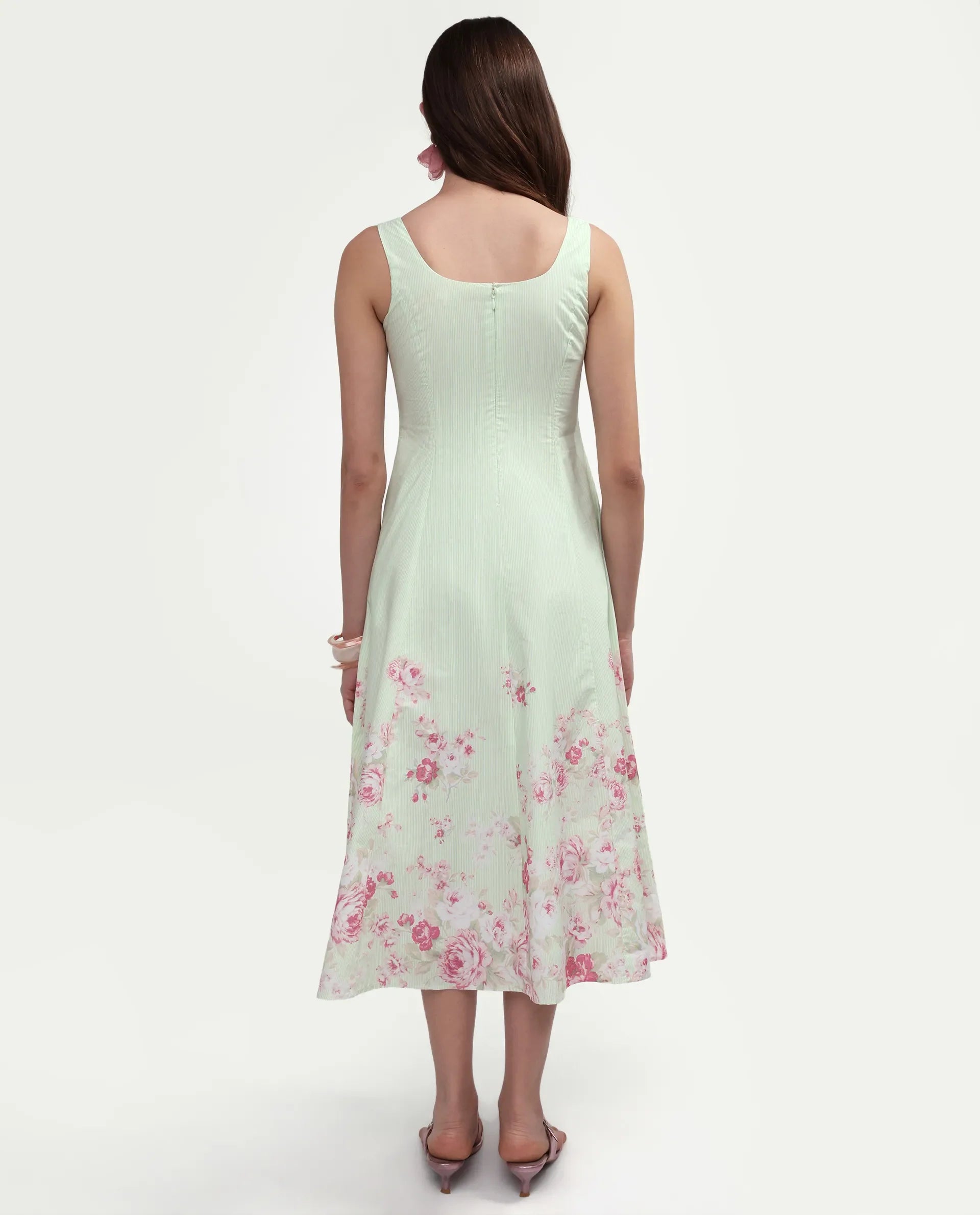 Rareism Women's Horo Light Green Cotton Scoop Neck Fit And Flare Floral Print Dress