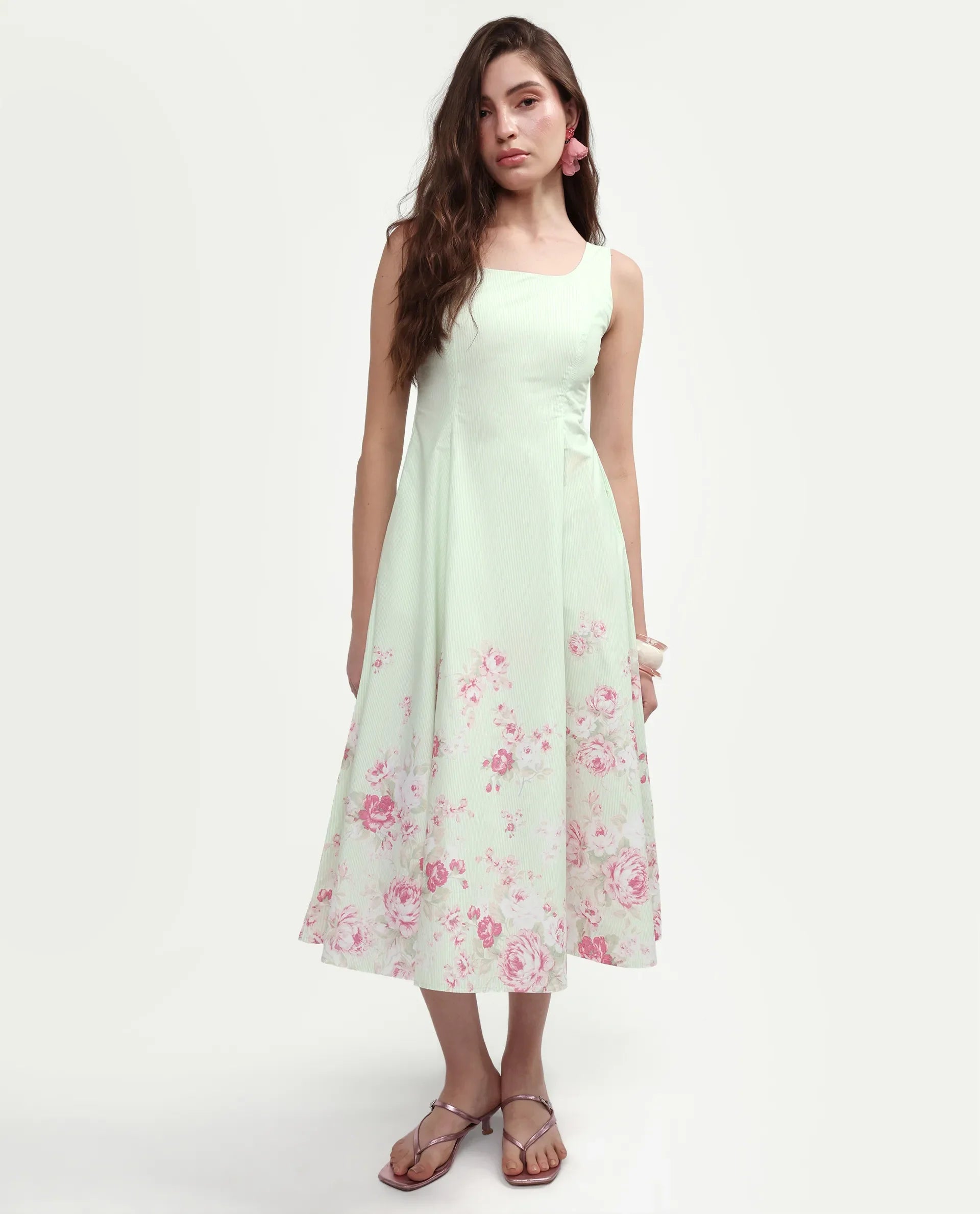Rareism Women's Horo Light Green Cotton Scoop Neck Fit And Flare Floral Print Dress