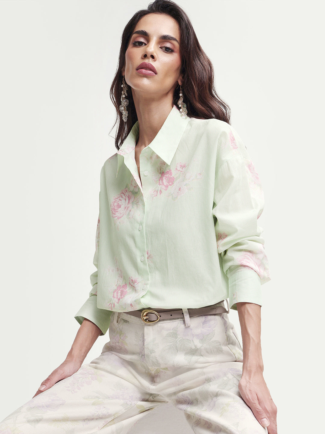 Rareism Women's Horu Light Green Cotton Full Sleeve Spread Collar Button Oversized Floral Print Shirt Oversize