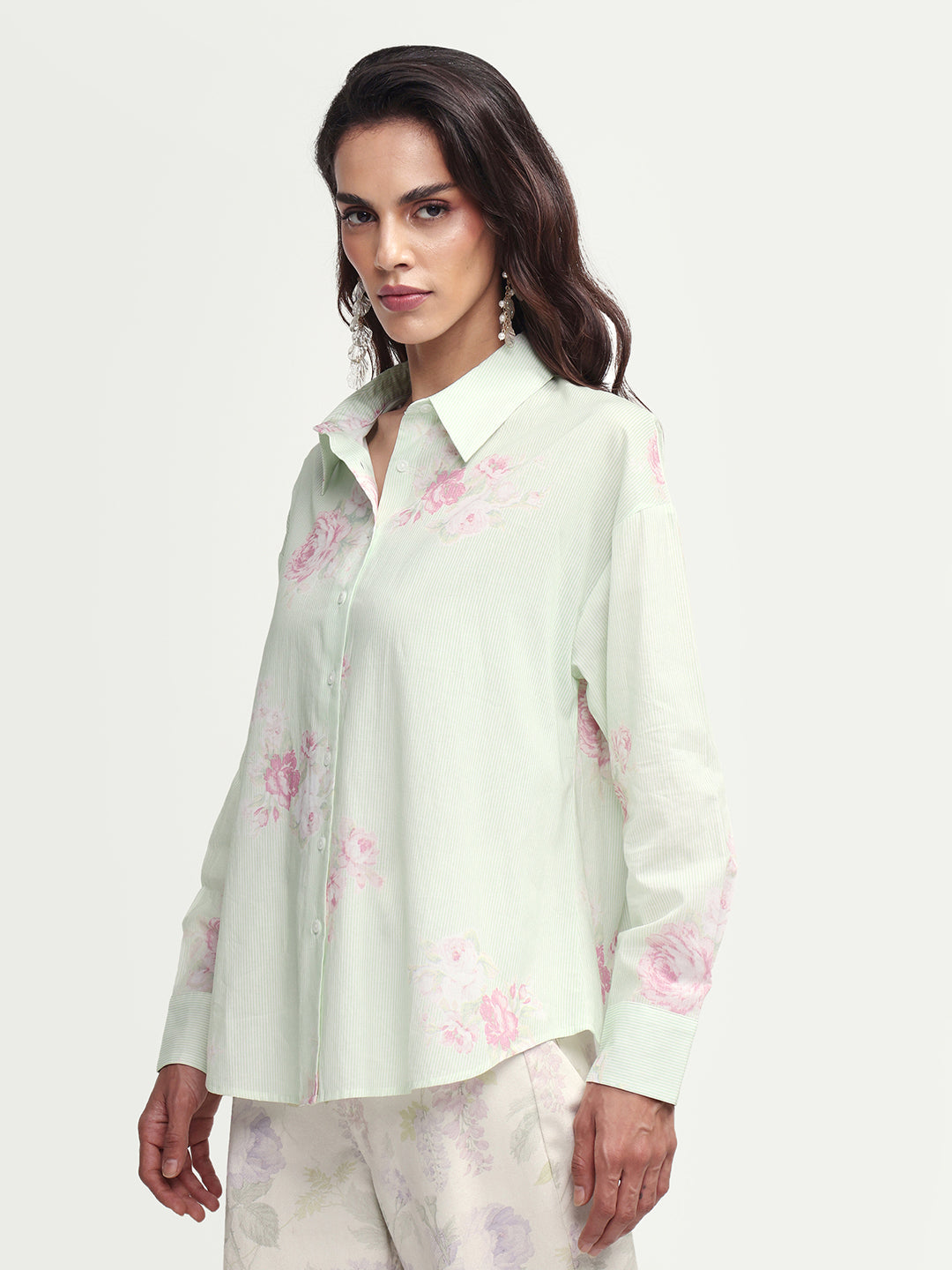 Rareism Women's Horu Light Green Cotton Full Sleeve Spread Collar Button Oversized Floral Print Shirt Oversize