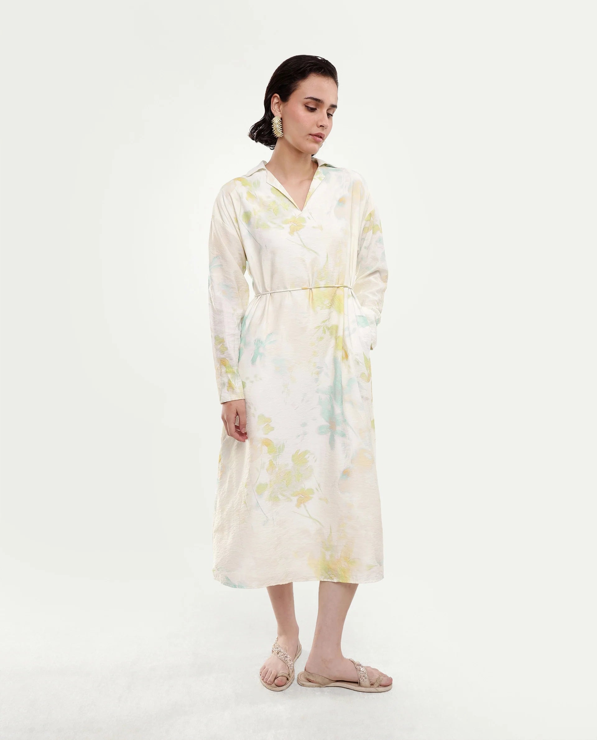 Rareism Women's Hrix Light Green Viscose Blend Lapel Neck A-Line All Over Print Dress