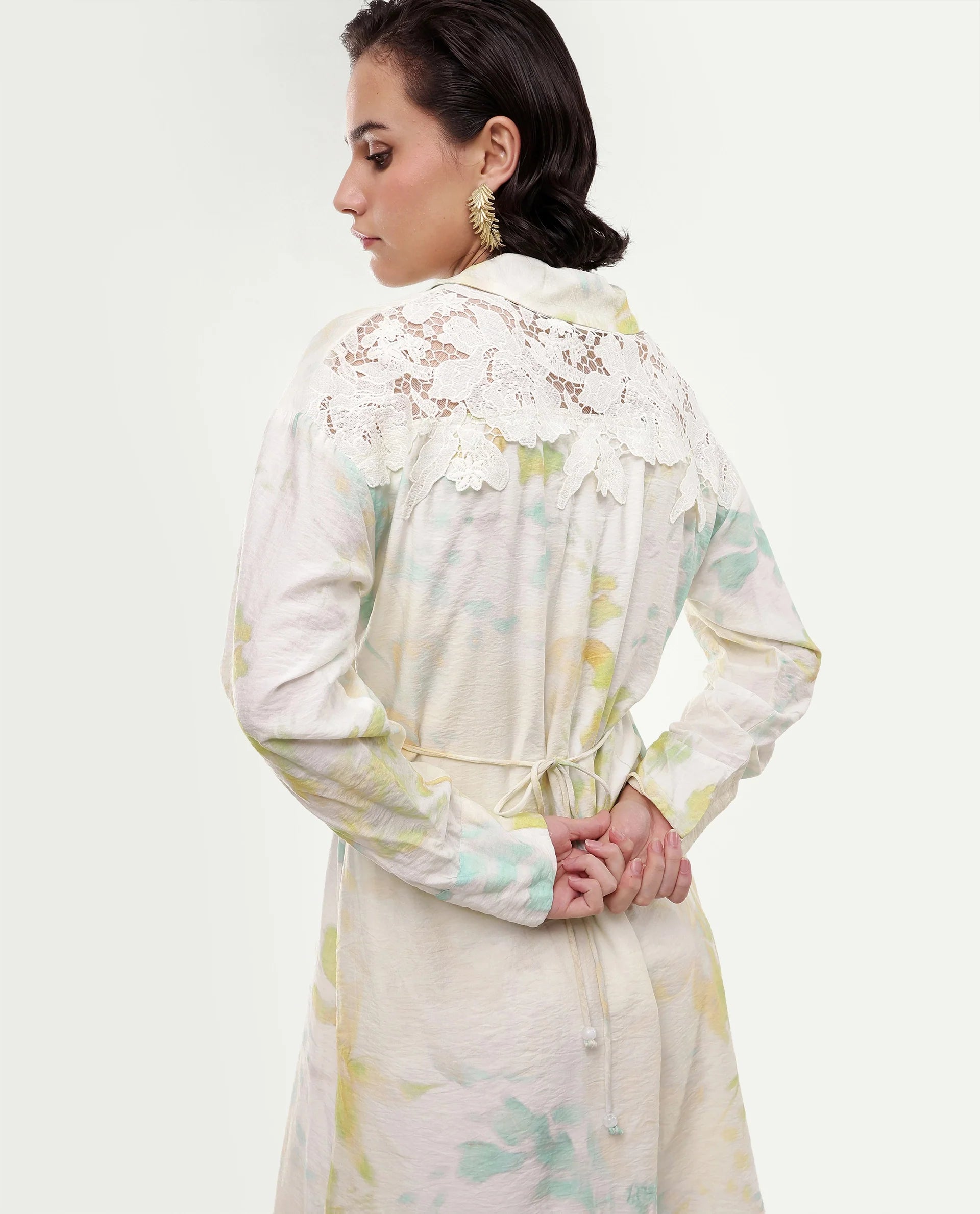 Rareism Women's Hrix Light Green Viscose Blend Lapel Neck A-Line All Over Print Dress