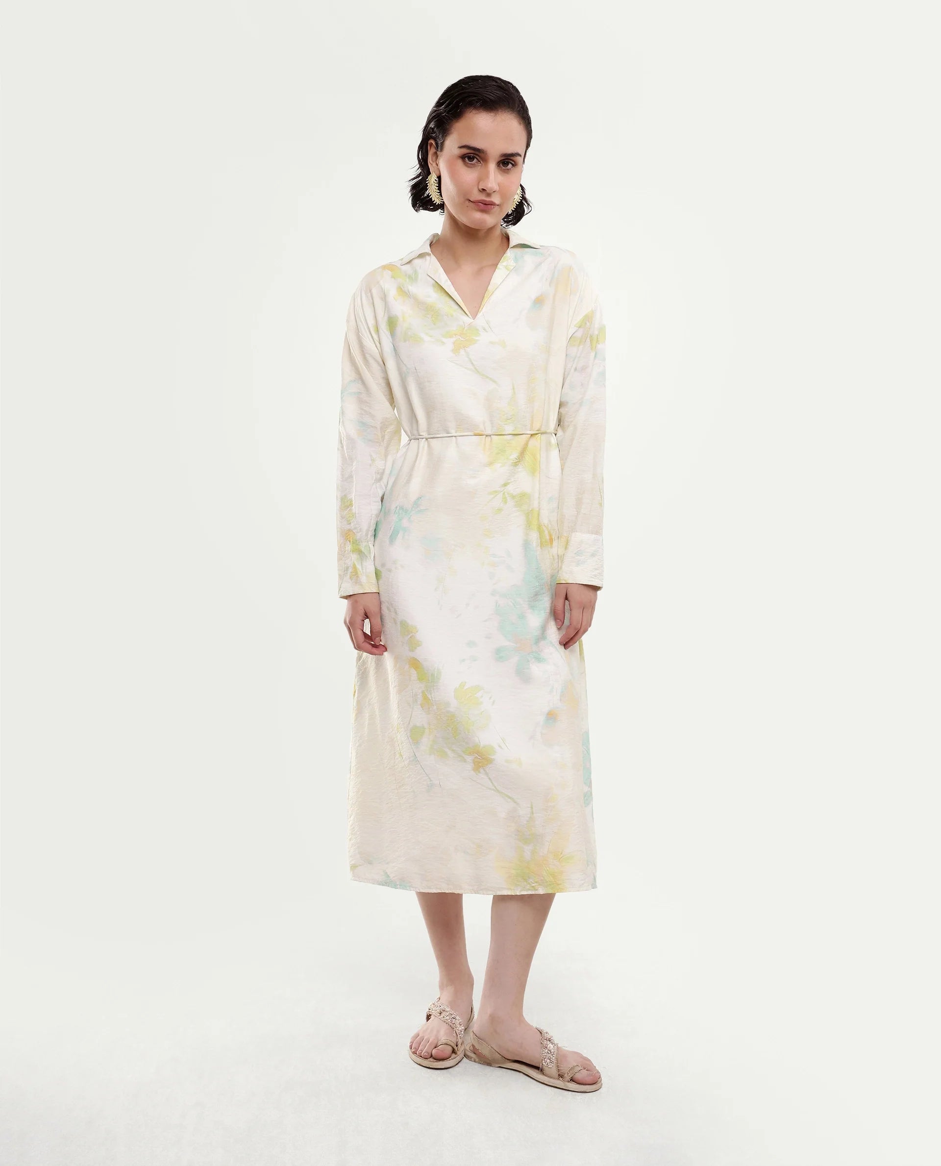 Rareism Women's Hrix Light Green Viscose Blend Lapel Neck A-Line All Over Print Dress