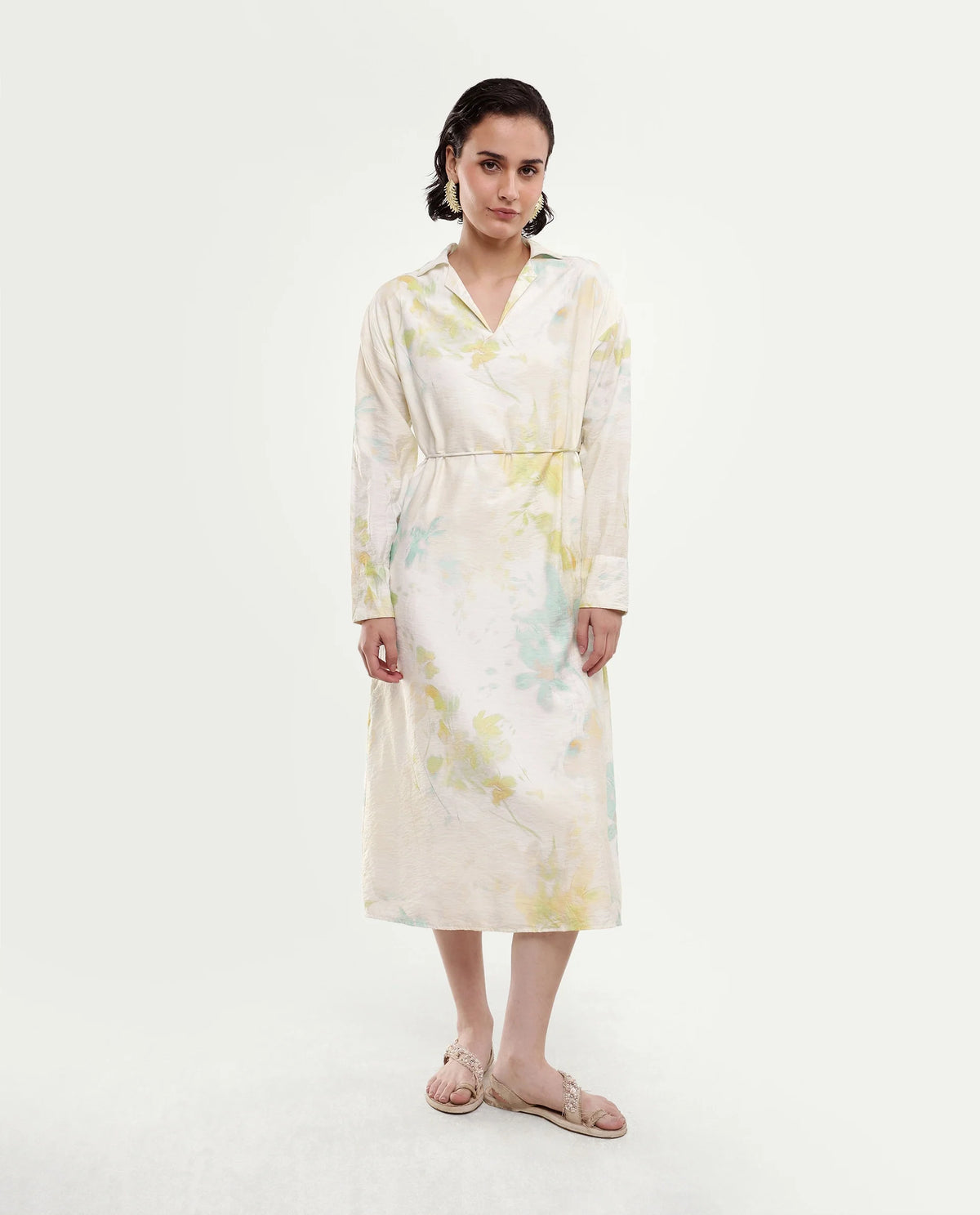 Rareism Women's Hrix Light Green Viscose Blend Lapel Neck A-Line All Over Print Dress