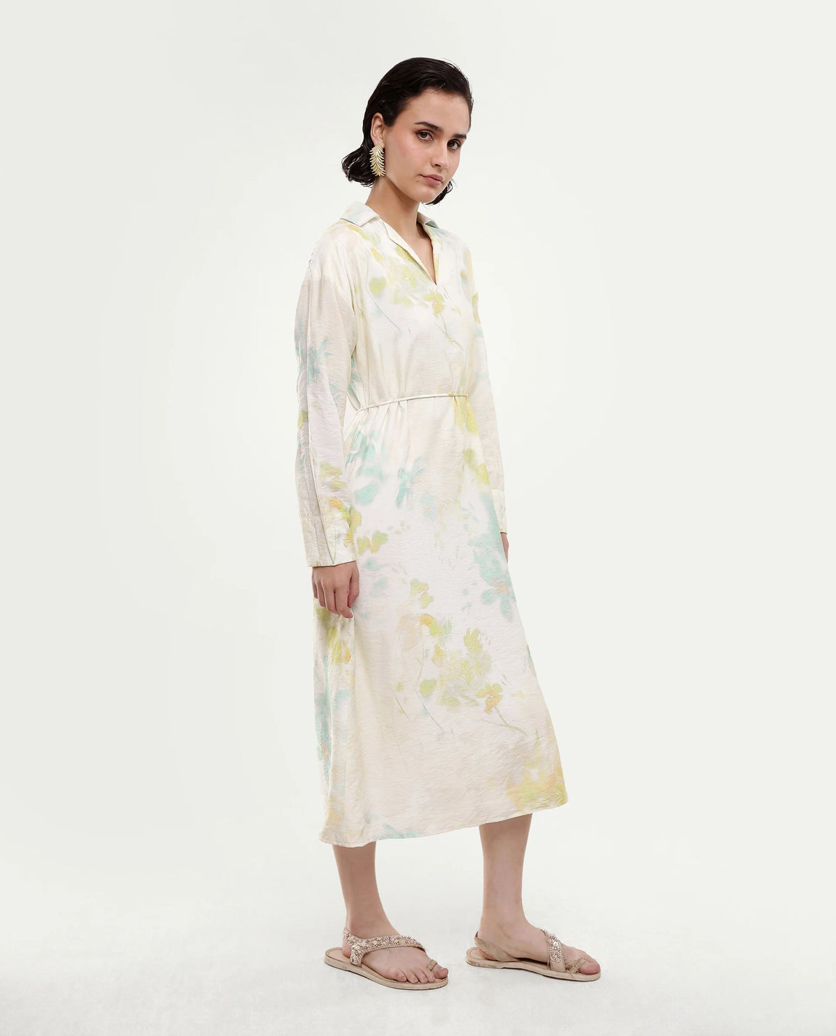 Rareism Women's Hrix Light Green Viscose Blend Lapel Neck A-Line All Over Print Dress